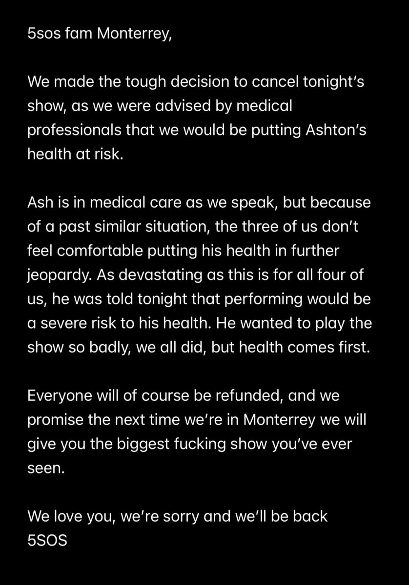 5SOSDigest's tweet photo. The band on the show in Monterrey tonight via their IG story! 

We love you @Ashton5SOS, have a speedy and safe recovery https://t.co/VaR7IxJC74