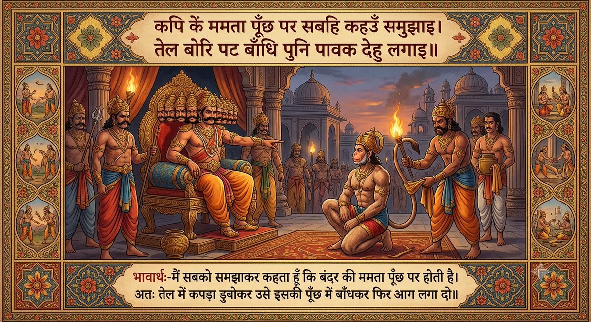 Ramlal's tweet photo. ॥सुंदर कांड॥

कपि कें ममता पूँछ पर सबहि कहउँ समुझाइ।
तेल बोरि पट बाँधि पुनि पावक देहु लगाइ॥

भावार्थ:-मैं सबको समझाकर कहता हूँ कि बंदर की ममता पूँछ पर होती है। अतः तेल में कपड़ा डुबोकर उसे इसकी पूँछ में बाँधकर फिर आग लगा दो॥

#RamCharitManas
#SundarKand https://t.co/5lLB403xsC