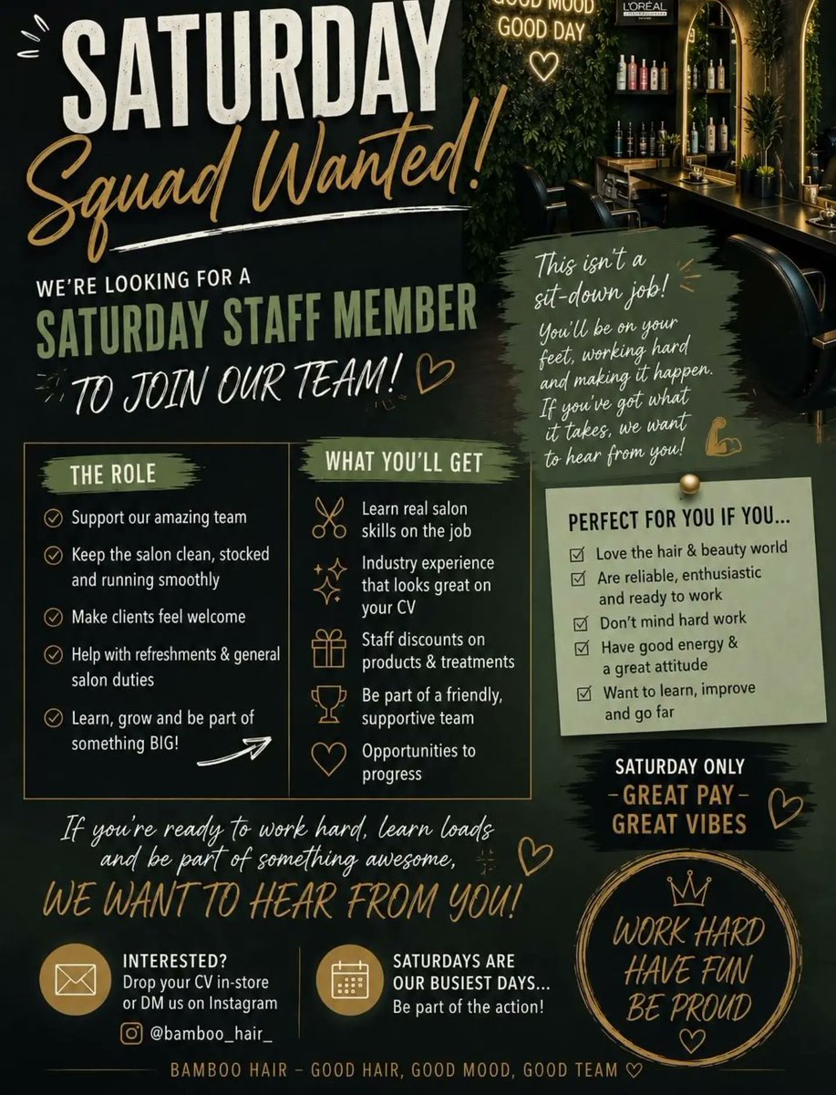 BianoTNC's tweet photo. ✨️ Do you love hair, and looking to become part of a busy salon atmosphere ✨️
We're looking for a friendly, enthusiastic school student to join our team on Saturdays and get real hands-on experience in a professional salon. 💇‍♀️ A perfect first https://t.co/pcjl2z8Jof