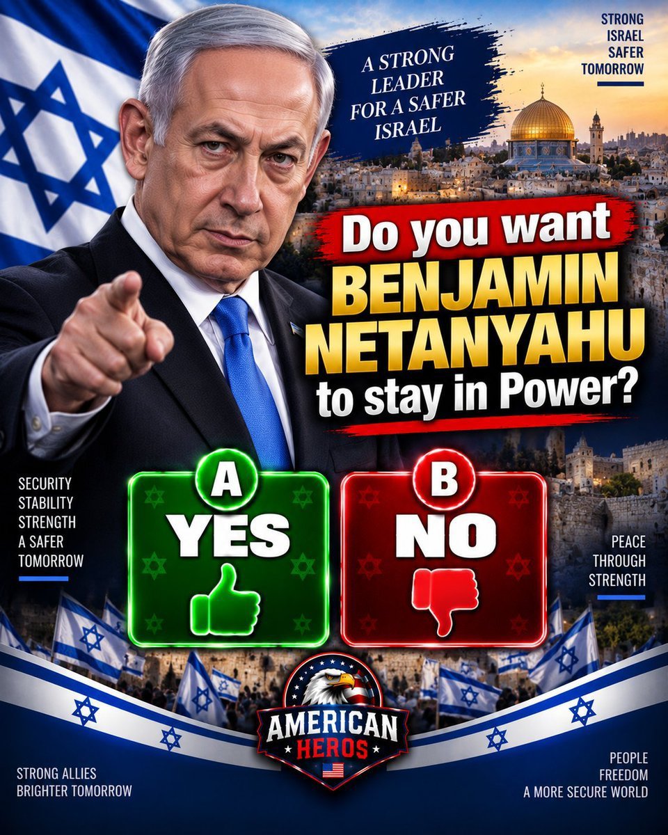 NataliaDuv98521's tweet photo. Do you want Benjamin Netanyahu to stay in Power?

🅰️ Yes

🅱️ No https://t.co/1vWBinh548