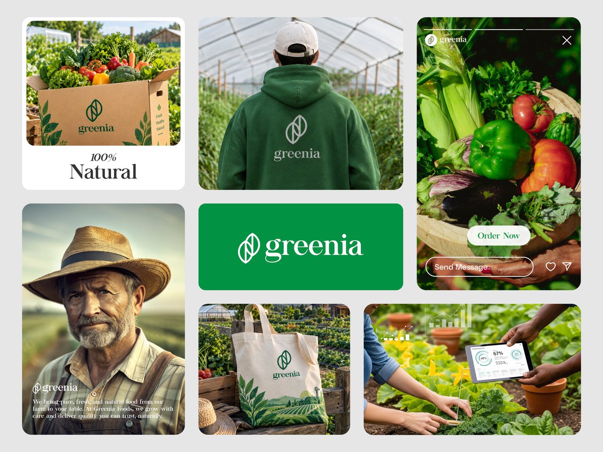AbirStudio's tweet photo. Introducing Greenia Foods 🌱

A fresh agriculture &amp; food brand built around farming, quality harvests, and trusted food products.

#GreeniaFoods #Agriculture #BrandIdentity #LogoDesign #FoodBranding https://t.co/6DH8K1zLqS