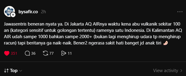 vier4x4's tweet photo. Jujur, sakit hati banget ngeliat ketimpangan pemberitaan kayak gini. Di Jakarta, abu vulkanik sampai jadi perhatian nasional karena berdampak ke kesehatan. Sementara di Kalimantan, masyarakat udah dua bulan lebih menghirup asap karhutla, tapi beritanya seolah gk dianggap penting.

Apa karena kami jauh dari pusat pemerintahan, jadi penderitaan kami gk punya nilai yang sama? 😔🌫️