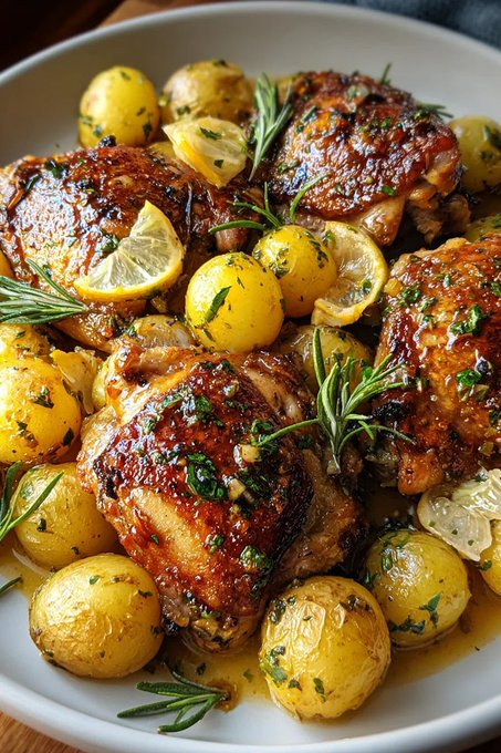 ann_ann886's tweet photo. Lemon Rosemary Chicken Thighs with Baby Potatoes

Servings: 4
Prep Time: 10 minutes
Cook Time: 35–40 minutes
Total Time: 50 minutes

Ingredients
4 bone-in, skin-on chicken thighs
1.5 lbs (680g) baby potatoes, halved
1 lemon, thinly sliced
4 cloves garlic, smashed
3 tbsp olive oil
2 tbsp fresh rosemary, plus extra sprigs for garnish
1 tsp smoked paprika
1 tsp dried oregano
Salt and black pepper, to taste
Fresh parsley, chopped (for garnish)
½ cup chicken broth

Instructions
Preheat oven to 425°F (220°C).
Season the chicken. Pat thighs dry. Rub with 1 tbsp olive oil, smoked paprika, oregano, salt, and pepper. Make sure seasoning gets under the skin too.
Prep the potatoes. Toss halved baby potatoes with remaining olive oil, garlic, half the rosemary, salt, and pepper.
Sear the chicken. Heat an oven-safe skillet over medium-high heat. Place chicken skin-side down and sear 5–6 minutes until the skin is deeply golden and crispy. Flip and sear 2 minutes on the other side. Remove and set aside.
Build the base. In the same skillet, add potatoes cut-side down. Nestle lemon slices and remaining rosemary around them. Pour in chicken broth.
Roast. Return chicken to the skillet, skin-side up. Transfer to the oven and roast 25–30 minutes until chicken is cooked through (internal temp 165°F / 74°C) and potatoes are tender.
Rest and serve. Let rest 5 minutes. Garnish with fresh parsley and extra rosemary sprigs. Spoon pan juices over everything before serving.

Tips
Pat the chicken completely dry before searing — moisture is the enemy of crispy skin.
Start potatoes cut-side down in the hot pan for maximum caramelization.
Don't skip the rest — juices redistribute and the skin stays crispier.

Variations
Swap baby potatoes for fingerlings or Yukon Golds cut into chunks.
Add a splash of white wine to the broth for extra depth.
Finish with a drizzle of honey and extra lemon juice for sweet-tart brightness.