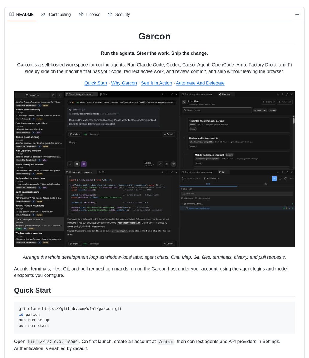Garcon README screenshot showing tiled agent chats, files, diff review, and Chat Map lineage inside one browser workspace