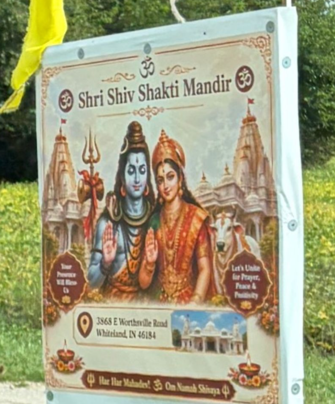Indy_reporter_'s tweet photo. 👀👀👀👀👀Spotted in Whiteland 

A new Hindu temple sign just went up with Shiva and Shakti smiling like a family portrait.

Shiva’s traditional role in the Hindu trinity is....
The Destroyer.

The sign promises “Prayer, Peace & Positivity.”

Nothing says small-town Indiana like a Hindu temple dedicated to the god of destruction and calling it a community upgrade.