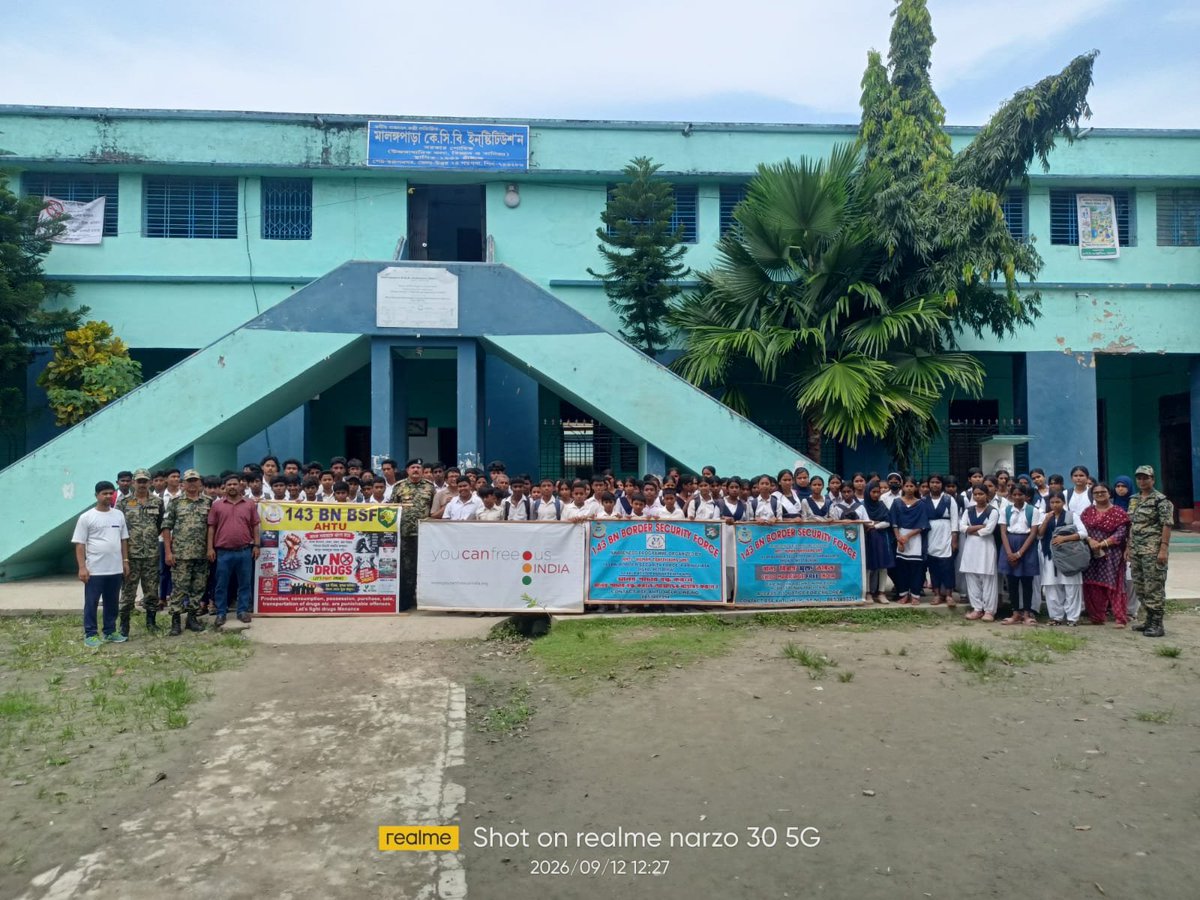 BSF_SOUTHBENGAL's tweet photo. Awareness Programme – Prevention of Human Trafficking

On 12 Sept 2026, AHTU Team of 143 Bn BSF organised an awareness programme at Malangapara KCB Institution, Swarupnagar PS, North 24 Parganas on prevention of human trafficking, drug addiction, child marriage, child labour, importance of education, safe use of social media and good/bad touch, attended by 5 teachers, 130 students, NGO “You Can Free Us India” & local representatives, concluding in a cordial and peaceful manner.

#BSF #AHTU #Awareness #HumanTraffickingPrevention