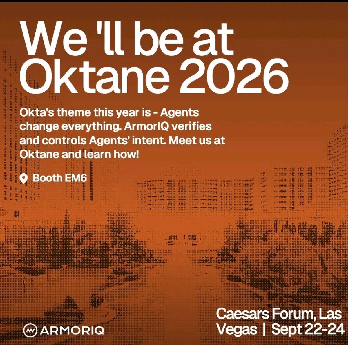 armoriqAI's tweet photo. Come break one.

90 seconds at booth EM6: imagine an Accounts Payable agent with a valid Okta token tries a payment outside its committed intent. Stopped before execution.

Valid credential. Named owner. Correct scope. Blocked anyway.

Bring the one you think gets through."
@armoriqAI