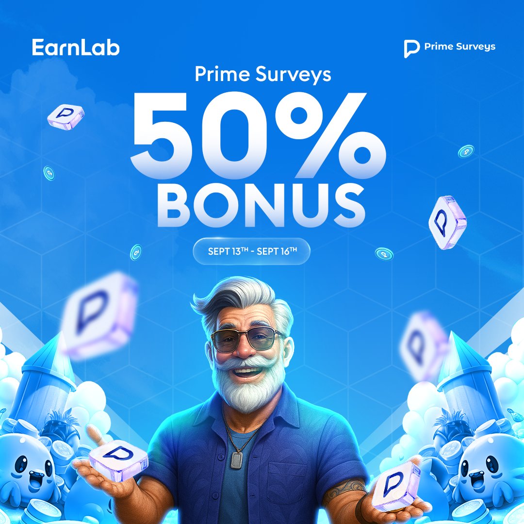 earnlabcom's tweet photo. PRIME SURVEYS 50% BONUS IS BACK! 💰

This offer ends September 16th - don’t miss out!

RT + Tag a friend for a chance to win some balance! 💸 https://t.co/RdvQXA4pqY