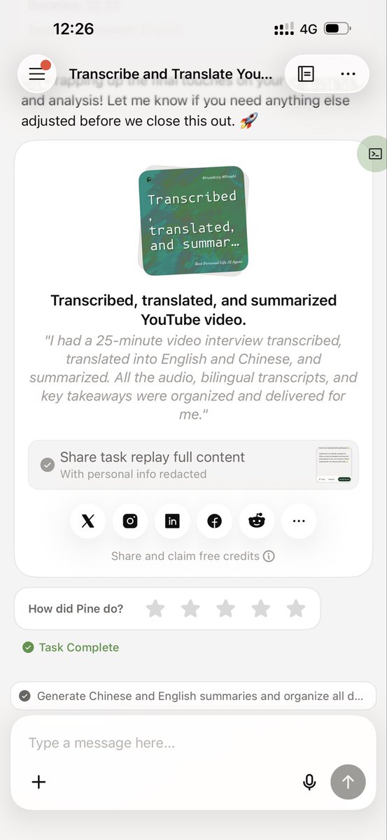 vincent_sun_bro's tweet photo. I had a 25-minute video interview transcribed, translated into English and Chinese, and summarized. All the audio, bilingual transcripts, and key takeaways were organized and delivered for me. #PineAI @PineAiCallAgent https://t.co/iXxBJfx0Bv https://t.co/pSU5JCfdsg