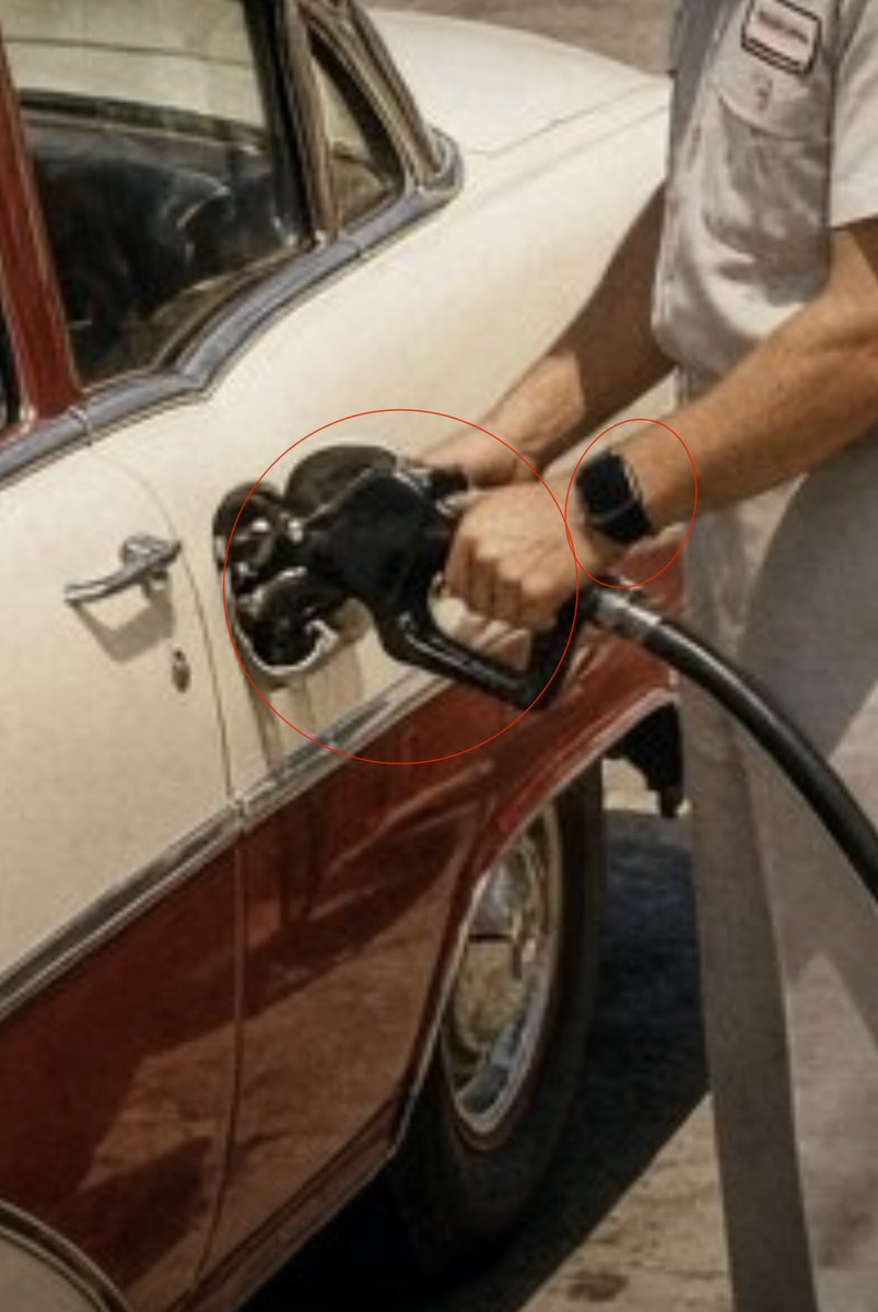 Gman668866's tweet photo. @sqsehrish 2 things . The modern fuel pump and the smart watch he’s wearing. Why are gasoline sold in glass bottles? https://t.co/ARJaDUM5Yk