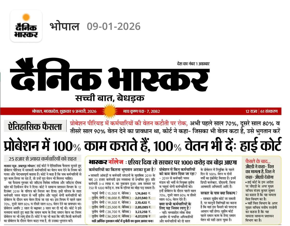 jays_india2024's tweet photo. प्रोबेशन पीरियड में कर्मचारियों के वेतन में कटौती को लेकर हाईकोर्ट ने महत्वपूर्ण टिप्पणी की है। कोर्ट ने कहा कि जब कर्मचारियों से 100% काम लिया जा रहा है, तो उन्हें 100% वेतन भी दिया जाना चाहिए।
#मध्यप्रदेश_सौ_फीसदी_वेतन_दो
#70_80_90_वेतन_नियम_रद्द_करो https://t.co/hJKaWsd3Ib