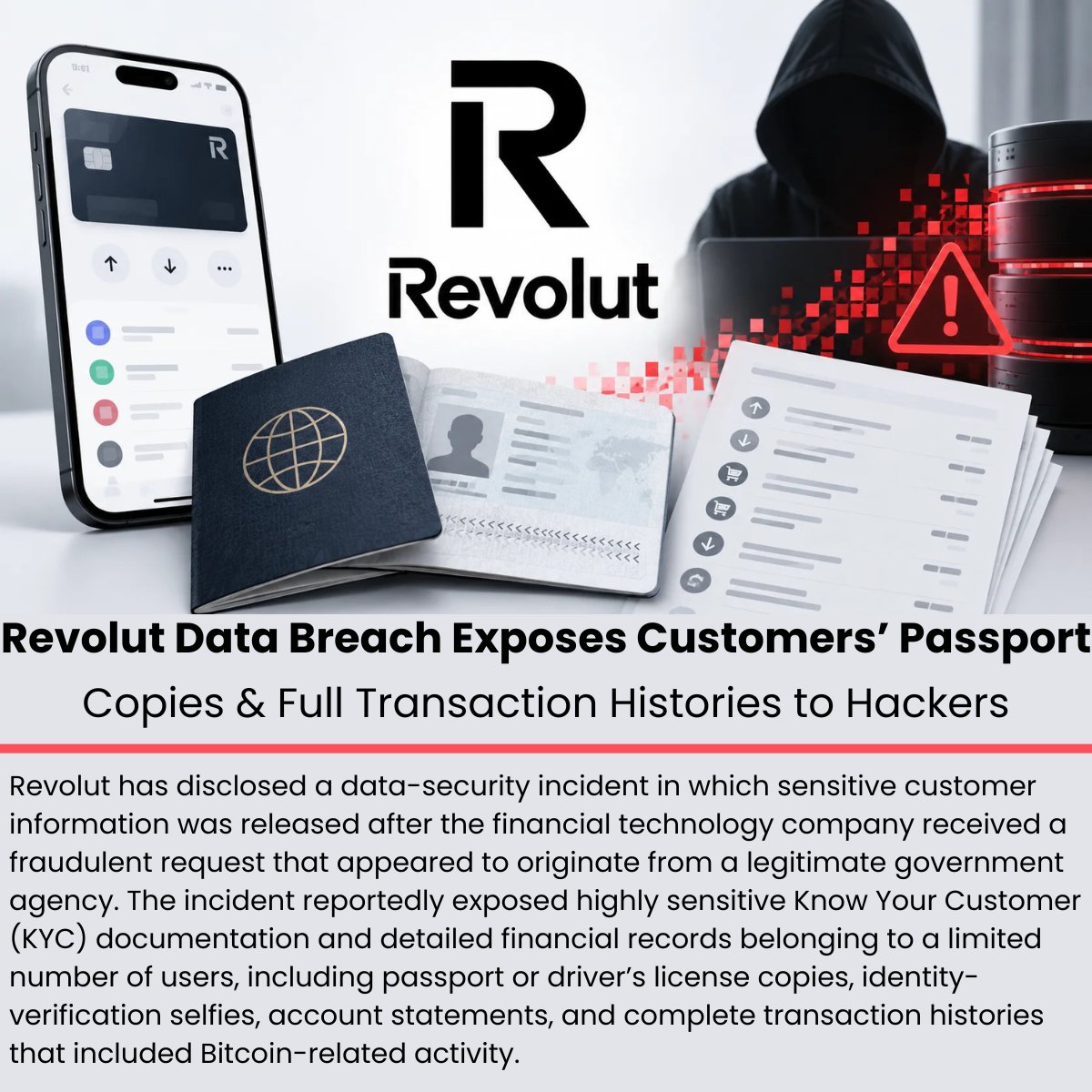 The_Cyber_News's tweet photo. ‼️  Revolut Data Breach Exposes Customers’ Passport Copies & Full Transaction Histories to Hackers 

Details: https://t.co/h7lrKqbfMY

Revolut has disclosed a data-security incident in which sensitive customer information was released after the financial technology company received a fraudulent request that appeared to originate from a legitimate government agency.

The incident reportedly exposed highly sensitive Know Your Customer (KYC) documentation and detailed financial records belonging to a limited number of users, including passport or driver’s license copies, identity-verification selfies, account statements, and complete transaction histories that included Bitcoin-related activity.

#cybersecuritynews