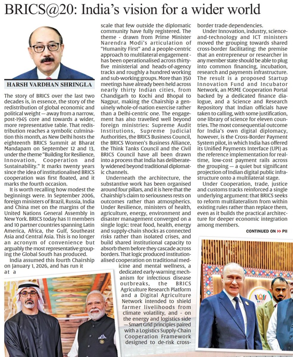 harshvshringla's tweet photo. My Op-Ed in @EconomicTimes, where I share how India’s BRICS leadership is being shaped with a clear focus on our people: opening up opportunities, strengthening our economy and making cooperation work in ways that matter on the ground.

Another Op-Ed in @TheDailyPioneer on @BricsIndia2026 and India’s vision for a wider world: how Prime Minister Shri @narendramodi ji government is advancing a more representative, resilient and future-ready Global South, reflecting the vision of Modi@25.

@BJP4India @AmitShah @NitinNabin @PMOIndia 

Link: https://t.co/bTseSGCO83