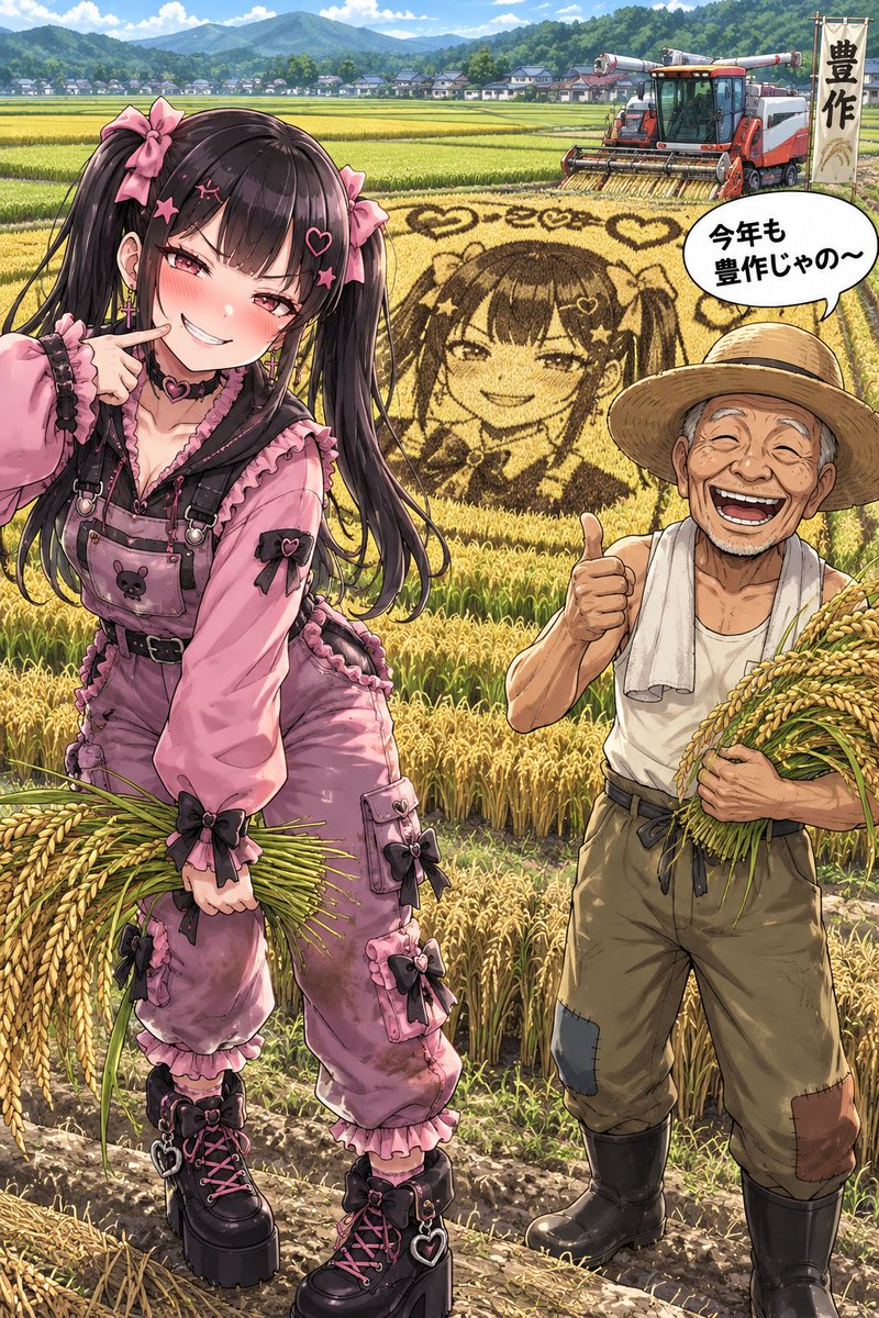 Soranohal's tweet photo. ふふっ、見てよこの特大田んぼアート♡
おじいちゃんも
『今年も豊作じゃの〜』って大喜びだよ♪

泥だらけのつなぎ姿のあけびも可愛すぎて
キミまた見惚れてるでしょ？
ほら、ぼーっとしてないで
キミもあけびのために働きなさいよね🎀
#AIイラスト絵師さんと繋がりたい #落部あけび https://t.co/XjMrmTPDNx