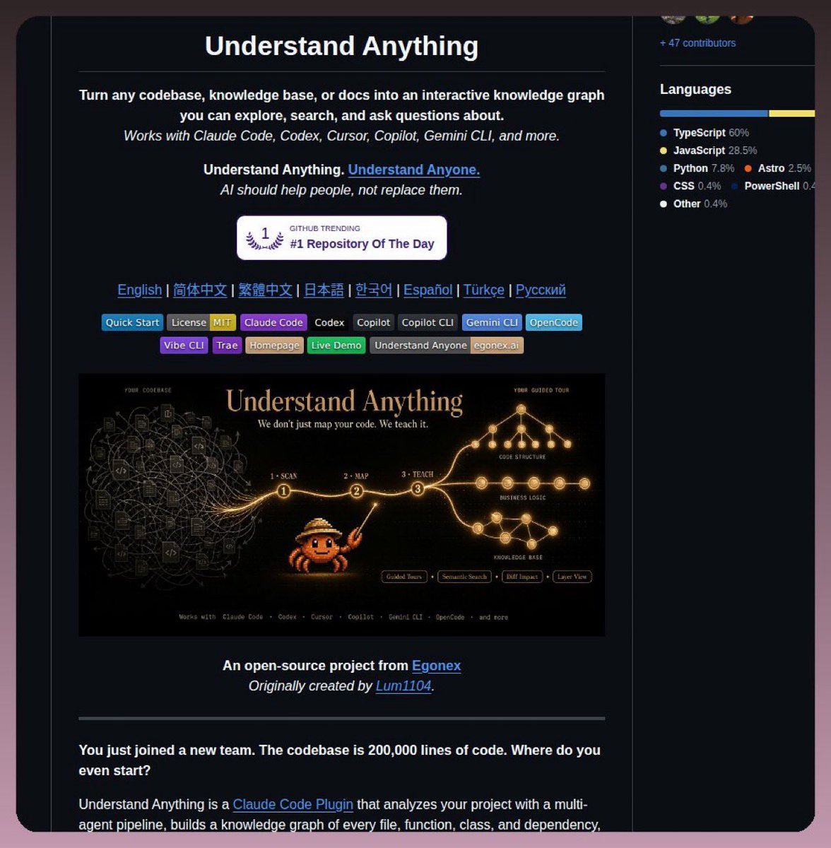 SultanAlFardan's tweet photo. أداة تخليك تفهم أي مشروع برمجي خلال دقائق:

Understand Anything تحلل المشروع بالكامل باستخدام وكلاء ذكاء اصطناعي، وتحوله إلى خريطة معرفة تفاعلية توضح لك:

• الملفات
• الدوال
• الكلاسات
• الاعتماديات
• وكيف كل جزء مرتبط بالثاني

وتقدر بعدها تبحث داخل المشروع وتسأل عن أي جزء من الكود بلغة طبيعية.

مفيدة جدًا إذا استلمت مشروع ضخم وما تعرف من وين تبدأ.