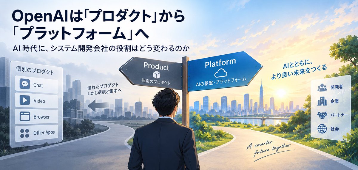 suemitsumasashi's tweet photo. AI時代、システム開発会社の仕事はなくなるのか？

むしろ逆で、「作れるシステムの範囲」が広がると考えています。

OpenAIは「プロダクト企業よりプラットフォーム企業へ」という方向性を示し、AnthropicやGoogleも、企業へのAI実装ではパートナーやSI企業を重視しています。

高性能なAIがあっても、
・既存システムとの連携
・社内データや権限管理
・業務フローへの組み込み
・AIと人間の役割分担
など、企業固有の設計は必要です。

そしてLLMによって、これまでルール化が難しくシステム化できなかった業務まで対象になり始めています。

これから重要なのは「AIを作ること」だけではなく、「AIで何を作るか」。

AI企業が高度な基盤を作り、システム開発会社がそれを企業固有の業務に落とし込む。

AI時代は、システム開発会社にとって新しい市場が生まれる時代でもあると思います。

https://t.co/gdXoFcbct4
