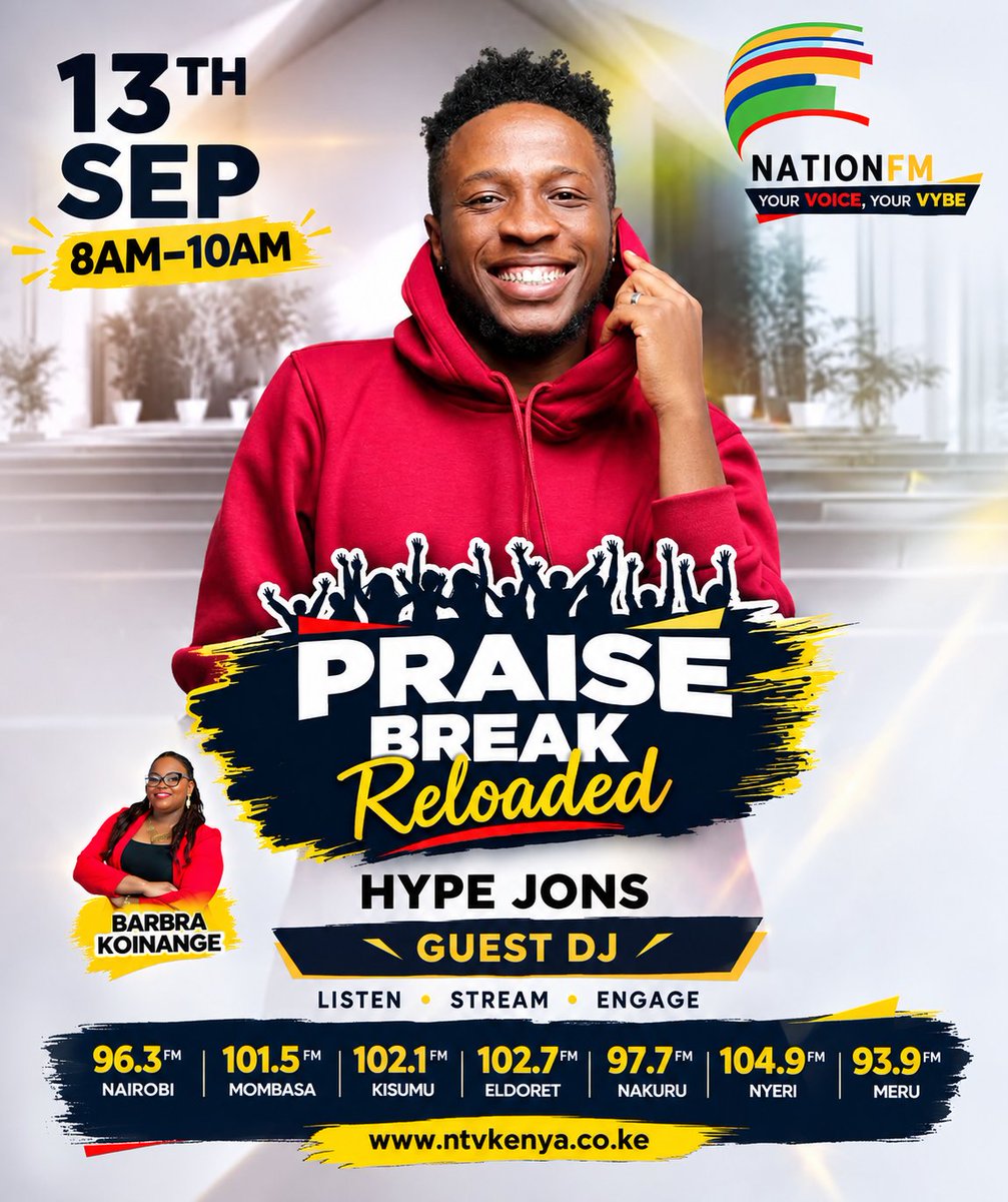NationFmKE's tweet photo. On the decks, we have @Hype_Jons 😄

@KoinangeBarbra 

#PraiseBreakReloaded https://t.co/q5HZCfAeJw