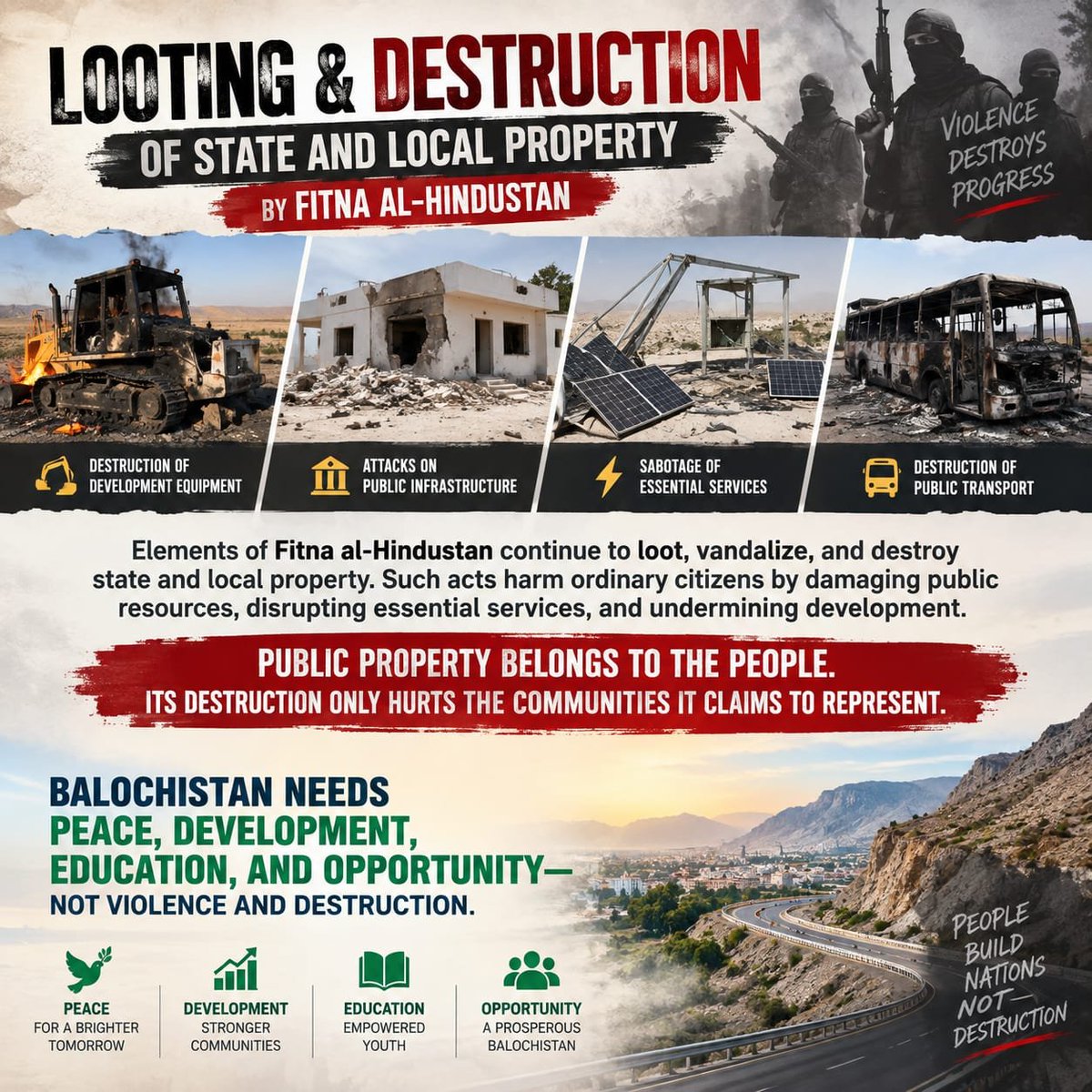 ZartajLeghari's tweet photo. PUBLIC PROPERTY, PUBLIC LOSSFAH elements damaging or looting public property only harm ordinary citizens by disrupting services and development. Balochistan needs peace, progress, education, and opportunity—not destruction.
#Peace #Development #Balochistan #SayNoToViolence https://t.co/t9vGBwy3Pw
