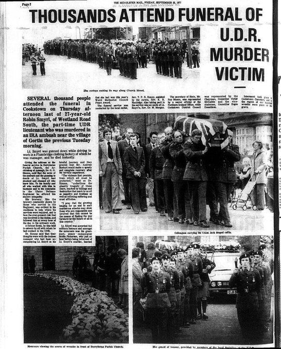 OnThisDayPIRA's tweet photo. #OnThisDay in 1977, the IRA murdered Robin Smyrl, 27, Northgate factory manager/off duty UDR Lt shot in car &amp; crashed. Drumlea bridge, Gortin, N Ireland. Passenger, AJ Stewart had bullet deflected by wallet &amp; played dead. School bus driver with children 1st on scene, helped  #OTD https://t.co/FdkmCLR62b