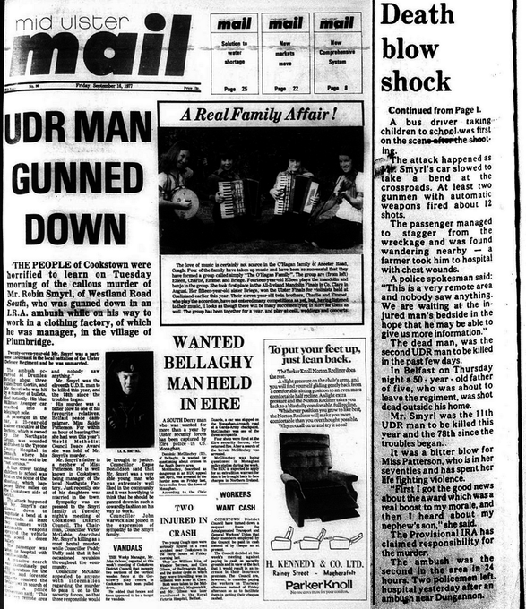 OnThisDayPIRA's tweet photo. #OnThisDay in 1977, the IRA murdered Robin Smyrl, 27, Northgate factory manager/off duty UDR Lt shot in car &amp; crashed. Drumlea bridge, Gortin, N Ireland. Passenger, AJ Stewart had bullet deflected by wallet &amp; played dead. School bus driver with children 1st on scene, helped  #OTD https://t.co/FdkmCLR62b
