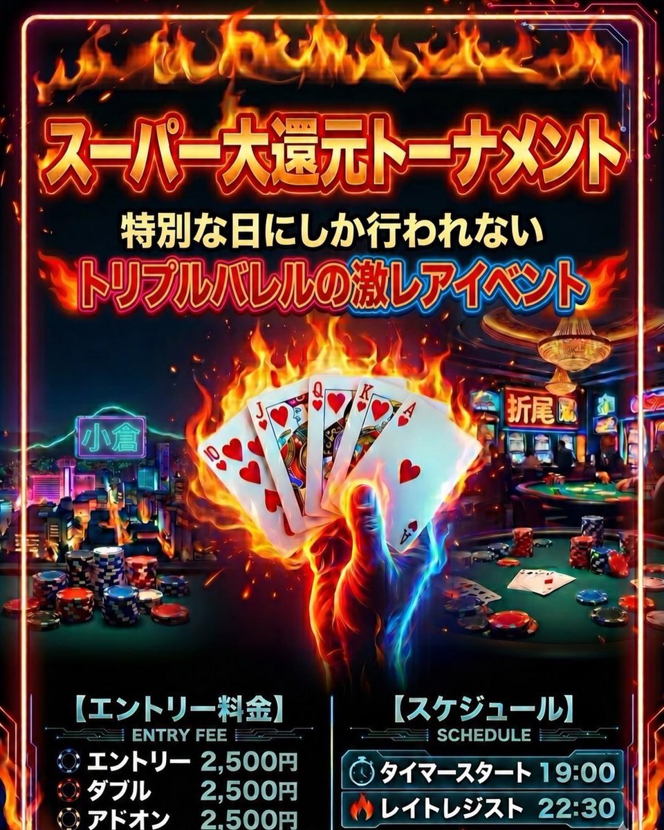 triplebarrel__'s tweet photo. 9月13日は、、、

🚨🚨FST店舗DAY1‼️🚨🚨

📢 FSTメイントーナメント 
店舗DAY1 開催‼️ 📢

大会本戦前にDAY2への切符を掴む
チャンスです‼️

🏆 FST店舗DAY1 

📍トリプルバレル小倉店

📅 9月13日（日）

⏰オープン　　　　　16:30
⏰タイマースタート　17:00
⏰レイトレジスト　　21:20

💰参加方法

🎫チケット2枚

🎫チケット1枚＋25,000円

💴50,000円

🃏スタートスタック
40,000点

※エントリー・リエントリーごとに
施設利用料6,000円

※店舗DAY1に参加される方は
飲み放題のみのご利用となります。

✨店舗DAY1を突破すれば一足先にDAY2進出決定‼️✨

さらに…

店舗DAY1通過後に会場DAY1へ参加し通過した場合は、

🔥獲得スタックの多い方を選んでDAY2へ進出可能‼️🔥

店舗DAY1を突破しておけば、
本戦でさらに上のスタックを狙うチャンスも残されています✨

🎁サイドイベント同時開催‼️

本日のサイドイベントは、、

🔥スーパー大還元トーナメント🔥

「サテライトでリングチップを使うから不安…💦」
そんな皆さまもご安心ください‼️

前回の総プライズは
157万リングチップを排出✨✨

この日はリングチップ大量獲得の大チャンス🔥
サテライト挑戦資金をここでしっかり増やしましょう💰✨

⏰タイマースタート　19:00
⏰レイトレジスト　　22:30

💴エントリー　2,500円
💴ダブル　　　2,500円
💴アドオン　　2,500円

シンプルだからこそ熱い‼️
リングチップを大量獲得できる
超お得な還元イベントとなっております🔥

サテライトへ向けてチップを増やす絶好の
機会‼️
ぜひご参加ください✨

皆さまのご来店を心よりお待ちしております☺️♠️♥️♣️♦️

@fst_202408 
@choki2maki2
@triple_orio
