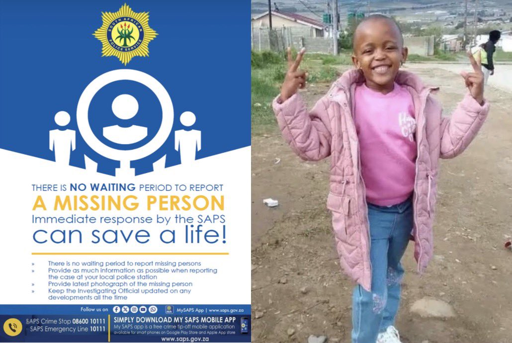 SAPoliceService's tweet photo. #sapsKZN [POLICE OFFER R50 000 REWARD FOR INFORMATION ON MISSING LATHITHA MTOLO]

Police in KwaZulu-Natal are offering a R50 000 reward for information that may assist in locating Lathitha Mtolo (7), who has been #missing since February.

Lathitha was last seen by her friends in the Marikana area, Kokstad, on 26 February 2026. Her whereabouts have remained unknown ever since. Police arrested and charged a 33-year-old man who was allegedly apprehended and assaulted by community members, and reportedly confessed under duress that he kidnapped Lathitha and handed her to a certain man who took her to an unknown location.

The court did not enrol the kidnapping docket due to insufficient evidence. Police are appealing to anyone who may have information regarding the whereabouts of Lathitha or the circumstances surrounding her disappearance to contact the investigating officer, Detective Constable Jaca, on 0717697670 or #CrimeStop on 0860010111. SG