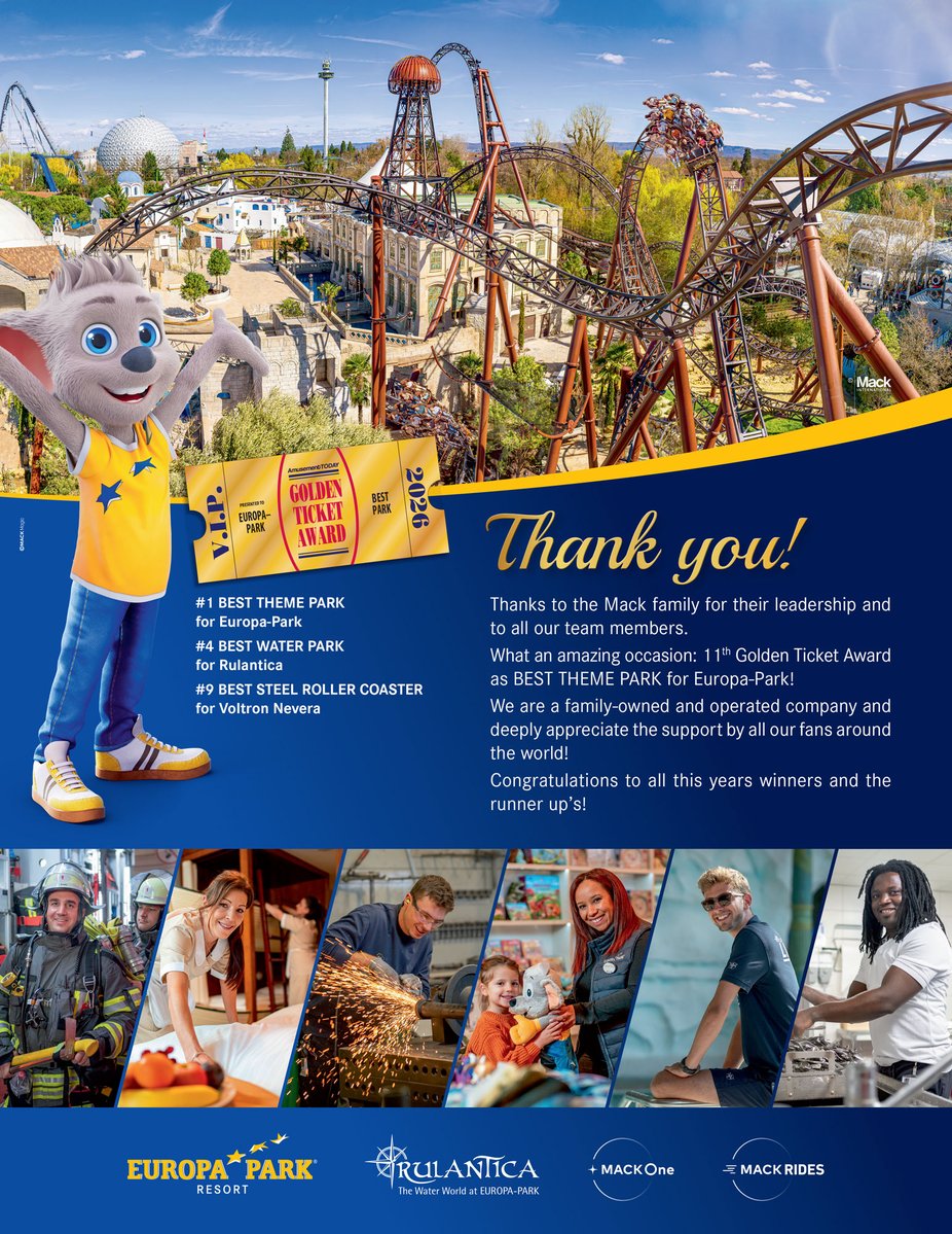 MichaelMack's tweet photo. Being named Best Amusement Park in the World for the 11th time is an incredible honour, especially when recognised by our peers and industry experts. We are very proud. Thank you @amusementtoday for this fantastic event! https://t.co/Q7mqNHkuqG