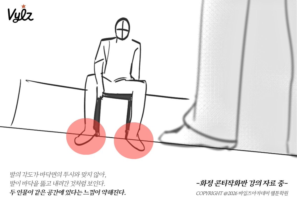 vina_academy's tweet photo. 초보자가 자주 실수하는 만화의 투시. 

발의 각도가 바닥면의 투시와 어긋나면 발이 바닥을 뚫거나 떠 있는 것처럼 보인다. 바닥면을 기준으로 발의 위치와 각도를 맞추면 인물이 공간 안에 자연스럽게 자리 잡는다. https://t.co/qmmOEnIW2g