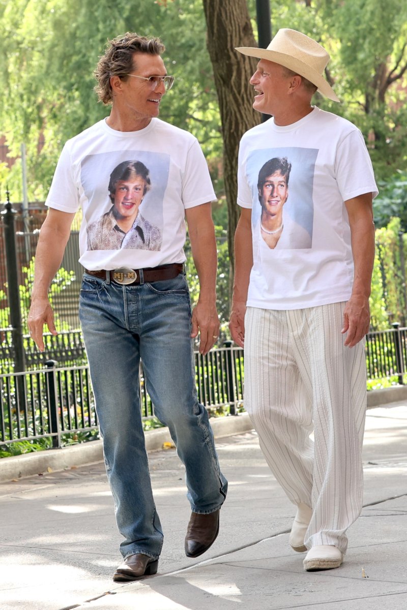 JustJared's tweet photo. Matthew McConaughey and Woody Harrelson stepped out in NYC this weekend, wearing T-shirts with photos of each other's younger selves printed on the front

Photos: Backgrid https://t.co/nDDd3gVyOL