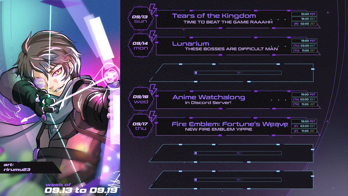 FeynVelasco's tweet photo. ↣ Schedule for 9/13- 9/19
- Beating TOTK! 🔗
- (Trying to) beat Lunarium! 🌙
- Anime watchalong in Discord! 🪄
- Starting new Fire Emblem game! 🥠

Come hang &amp; vibe with the Feyndos! 💜 https://t.co/jOF4LEFAER
