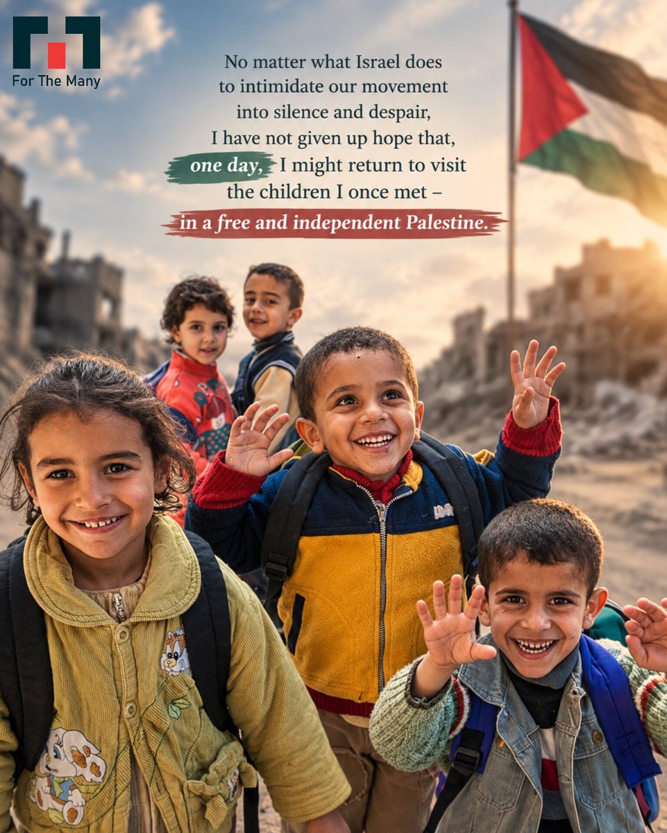 __ForTheMany__'s tweet photo. No matter what Israel does to intimidate our movement into silence and despair, I have not given up hope that, one day, I might return to visit the children I once met – in a free and independent Palestine.
@jeremycorbyn @georgegalloway https://t.co/BkZXRBi1vI
