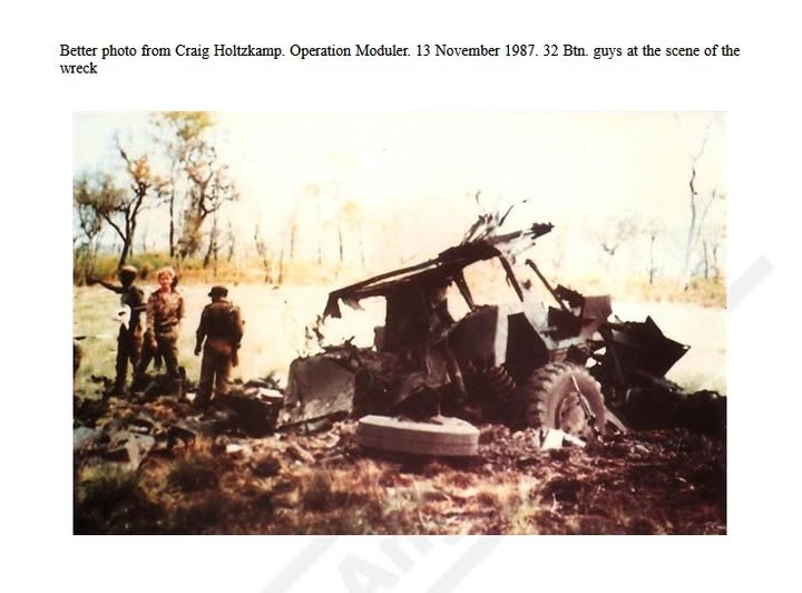 thyphoidjack's tweet photo. Ratel 13 (Originally thought to have been 31, but confirmed by Kruger Lötter as 13, because the squadron was T10), 13 September 1987.
A 32Bn Ratel-90 shot out by a T55, Op Modular.
RIP
83502815BG 2/Lieutenant Jose Raymond Alves from 32 Battalion. He was 20. [From Les Jordan: Jose Alves was troop commander of Troop 1, C Squadron ( armoured car squadron 32 Battalion)]
74316175PK Captain Alfred Desmond McCallum from 32 Battalion
83302422BG Lance Corporal Matthys Michael De Klerk from 32 Battalion. He was 20.
832441178BG Trooper Marthinus Johannes Kuyler from 32 Battalion. He was 20.
81533671SP Lance Corporal Joao Rodrigues Mananza from 32 Battalion. He was 33.
76928621SP Lance Corporal Waite Tchipango from 32 Battalion.
Due to tactical circumstances, it got stuck in the mud of a shona near the Lomba River during a tank fight, and was destroyed at close range by a T55 tank. The crew as well as 32 Bn members were killed instantly. The tank round penetrated through the side door, detonated in the main ammunition storage container and resulted in an explosion causing the vehicle to catch fire. Later it was destroyed by own forces.

Excerpt from the book "War in Angola" by Helmoed - Romer Heitman:
The ratel-90 troop had some difficulty in moving through the objective, and two of the Ratels fell foul of some trenches. A third was attempting to pull one of them out, when a number of tanks appeared from their front. The troop leader, lieutenant Alves, had just reported the tanks when he was shot in the neck by a sniper and died. The troop sergeant came on the air, but then his Ratel fell into one of the deep trenches, and communications were broken off when it was abandoned. The third Ratel now took over from its unhappy position stuck in a trench. Lt Alves' driver, startled when his commander was hit, inadvertently drove into a small shona and solidly mired his Ratel. The entire troop was now immobilized in the face of the very aggressively handled tanks....