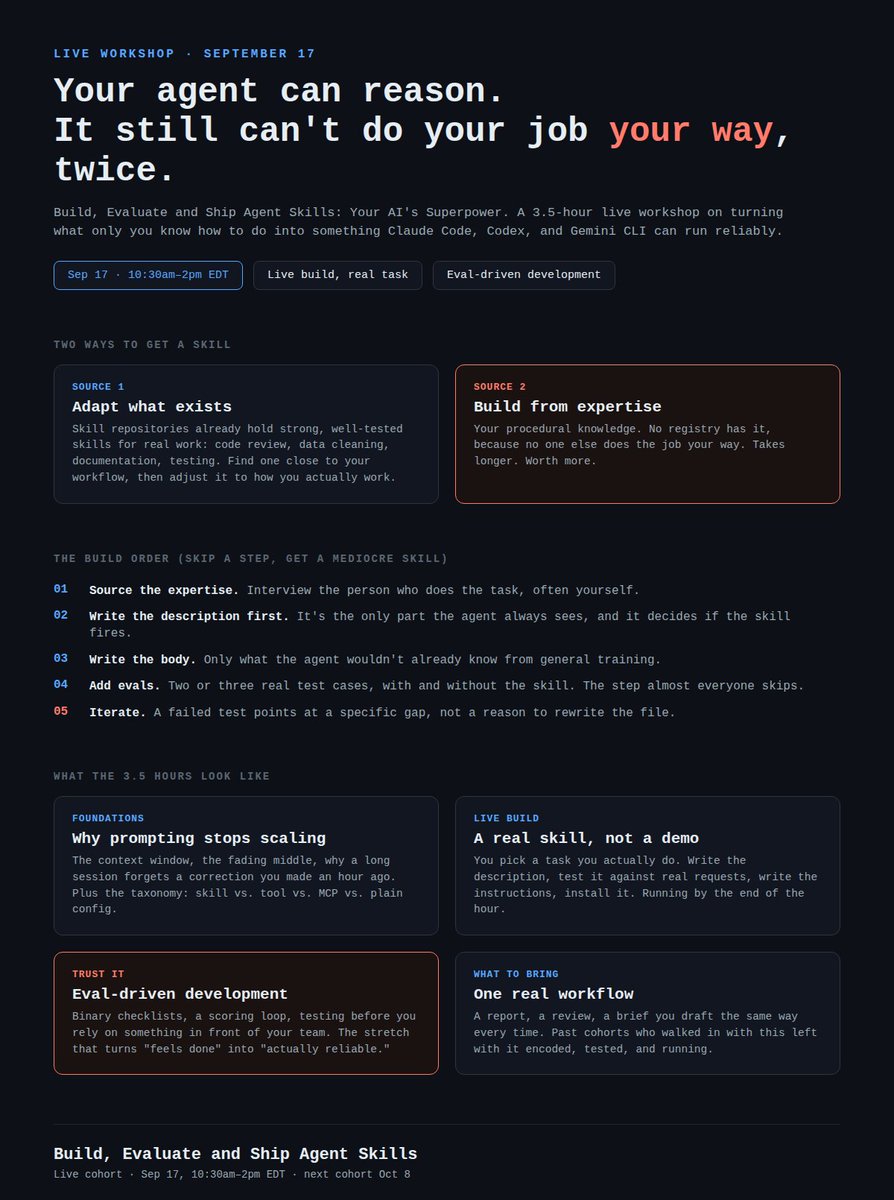 baboonzero's tweet photo. Every agent I use now (Claude, ChatGPT, Grok) can reason well. None of them do a task the same way twice.

I noticed this doing something boring: asking an agent to review a contract the way I do it, with my checklist, my exceptions. Tuesday's output didn't match Thursday's. Not because the model got worse. Nothing ever told it my procedure, and it forgets my last correction the moment the session ends.

That's not a model problem. It's a missing-skill problem.

A skill is a small file that teaches an agent your procedure once. Claude, ChatGPT, and Gemini all read the same format, and it stays out of the way until the task actually matches.

There are two ways to get one. Adapt what already exists: skill repositories now hold strong, well-tested skills for real work like code review, data cleaning, and documentation, so find one close to your workflow and adjust it. Or build one from your own expertise, the stuff no registry has because no one else does your job your way. That second kind takes longer and is worth more, but neither is the lesser option.

Building it well has an order that's easy to skip: interview yourself for the gotchas nobody wrote down, write the description before anything else since that's the only part the agent always sees, write the body next with nothing generic in it, then add two or three real evals so you're not just guessing it works. Most skills fail because someone skipped that last step.

I'm running a live workshop on this on September 17, 10:30am to 2pm EDT. We build a real skill from a task you actually do, test it, and ship it in one sitting.

https://t.co/4ZPcOgd1Np