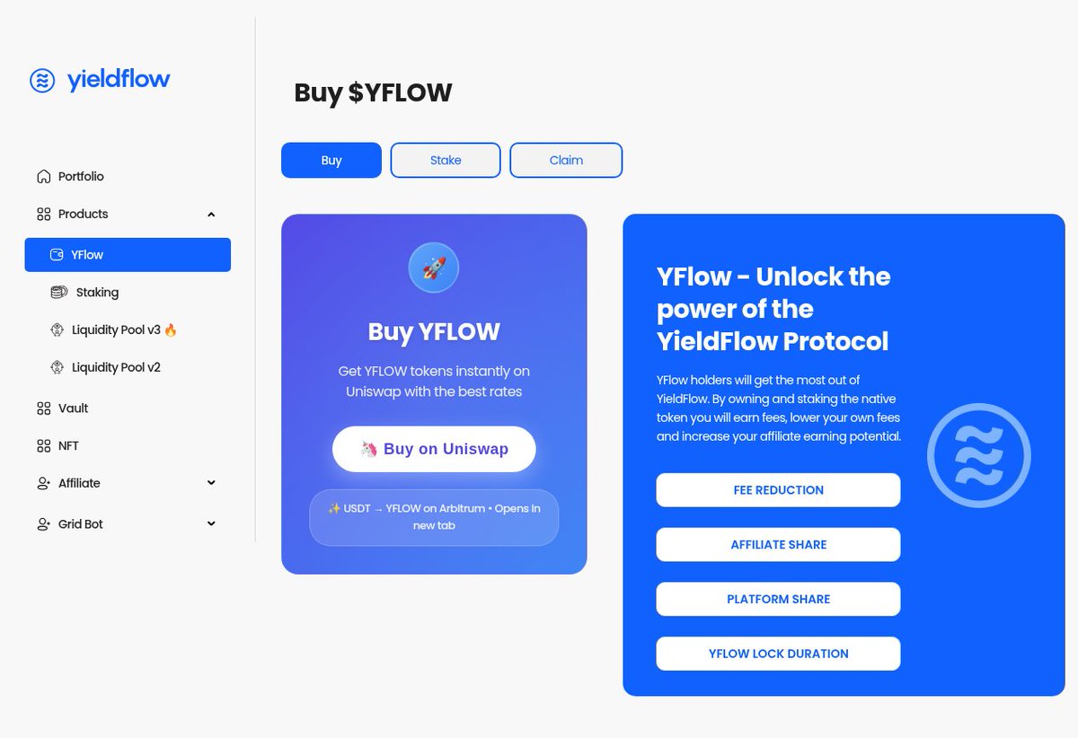 yieldflowdotcom's tweet photo. If you ran YieldFlow through FOMC week, $YFLOW is how you keep more of what you earned.

Stake it and YTrade performance fees drop. Affiliate share goes up. Gated V3 pairs unlock.

Buy on Uniswap. USDT → YFLOW on Arbitrum. Non-custodial. No KYC.

Fees should not stay stuck on the expensive tier. 

https://t.co/CY2xdXl3Br