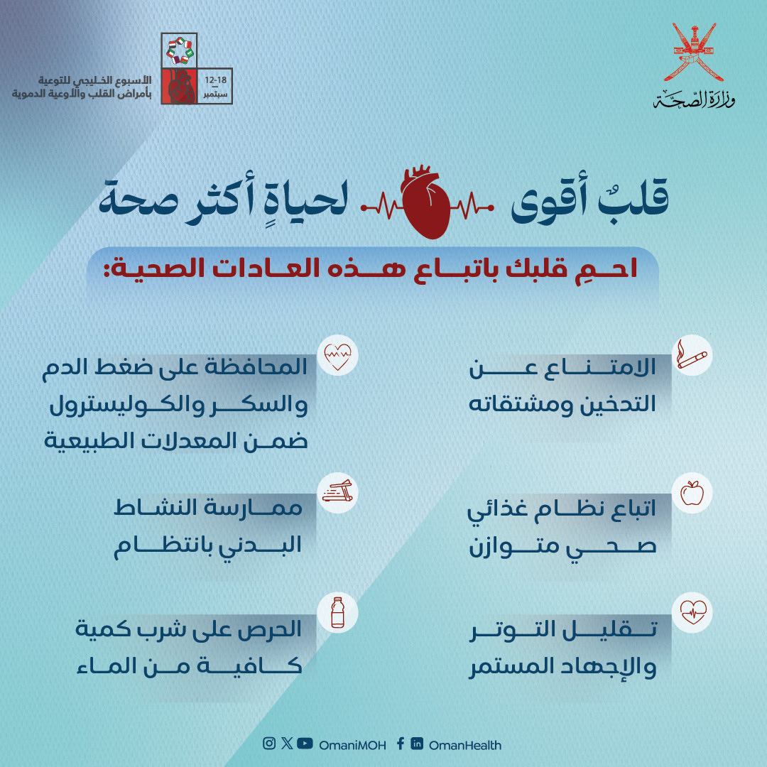 تصميم توعوي لوزارة الصحة بمناسبة الأسبوع الخليجي للتوعية بأمراض القلب والأوعية الدموية من 12 إلى 18 سبتمبر، بعنوان: «قلب أقوى لحياة أكثر صحة». يتضمن مجموعة من العادات الصحية لحماية القلب، منها الامتناع عن التدخين ومشتقاته، اتباع نظام غذائي صحي متوازن، المحافظة على ضغط الدم والسكر والكوليسترول ضمن المعدلات الطبيعية، ممارسة النشاط البدني بانتظام، شرب كمية كافية من الماء، وتقليل التوتر والإجهاد المستمر