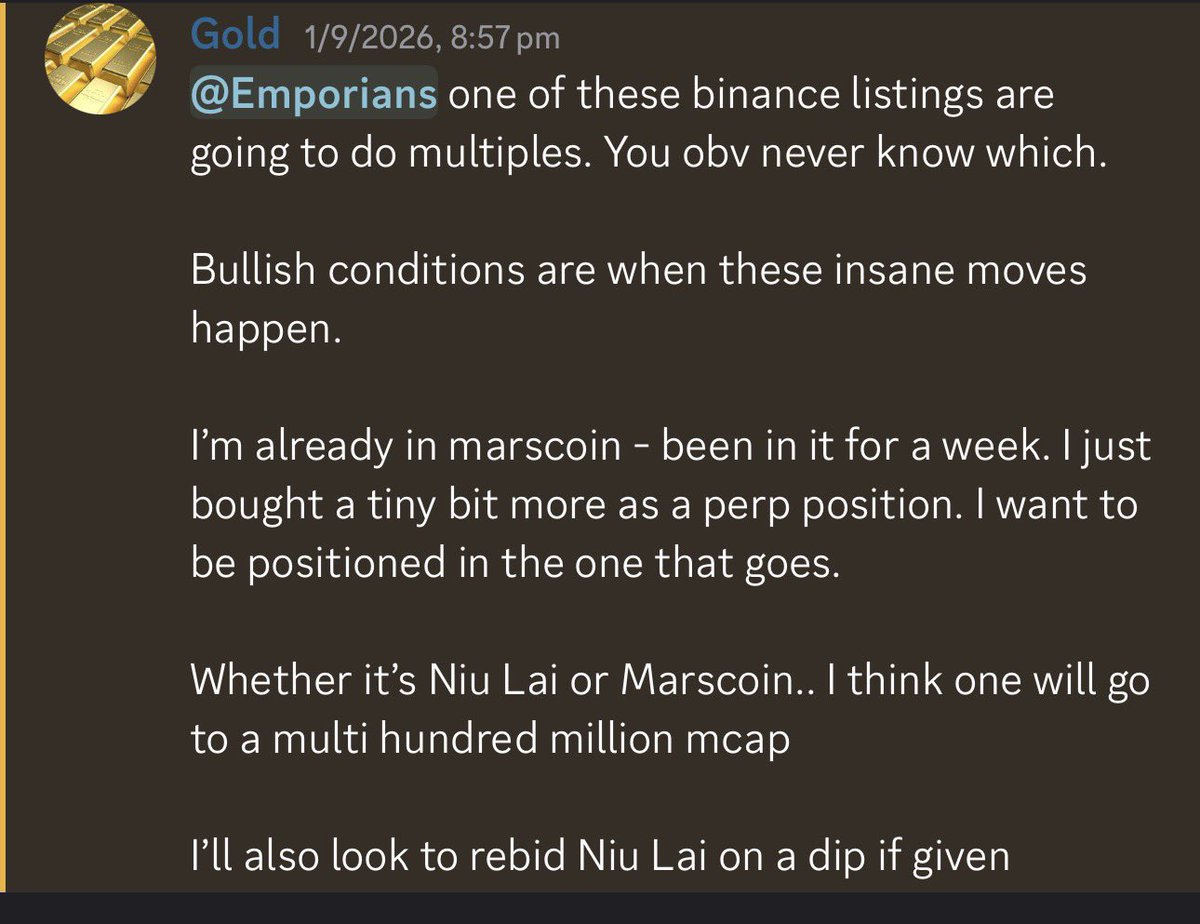 Emporia_Capital's tweet photo. $150k win booked from $MARSCOIN

@Gold_Cryptoz fully exited to book it in after watching some lacklustre price action post binance listing.

Perps position still active 🫡

This was a very well timed trade, it was just a week prior we were talking in the group about possible candidates for binance listings. 

Catch more trades like this with us in the discord: https://t.co/57YQHD0v27