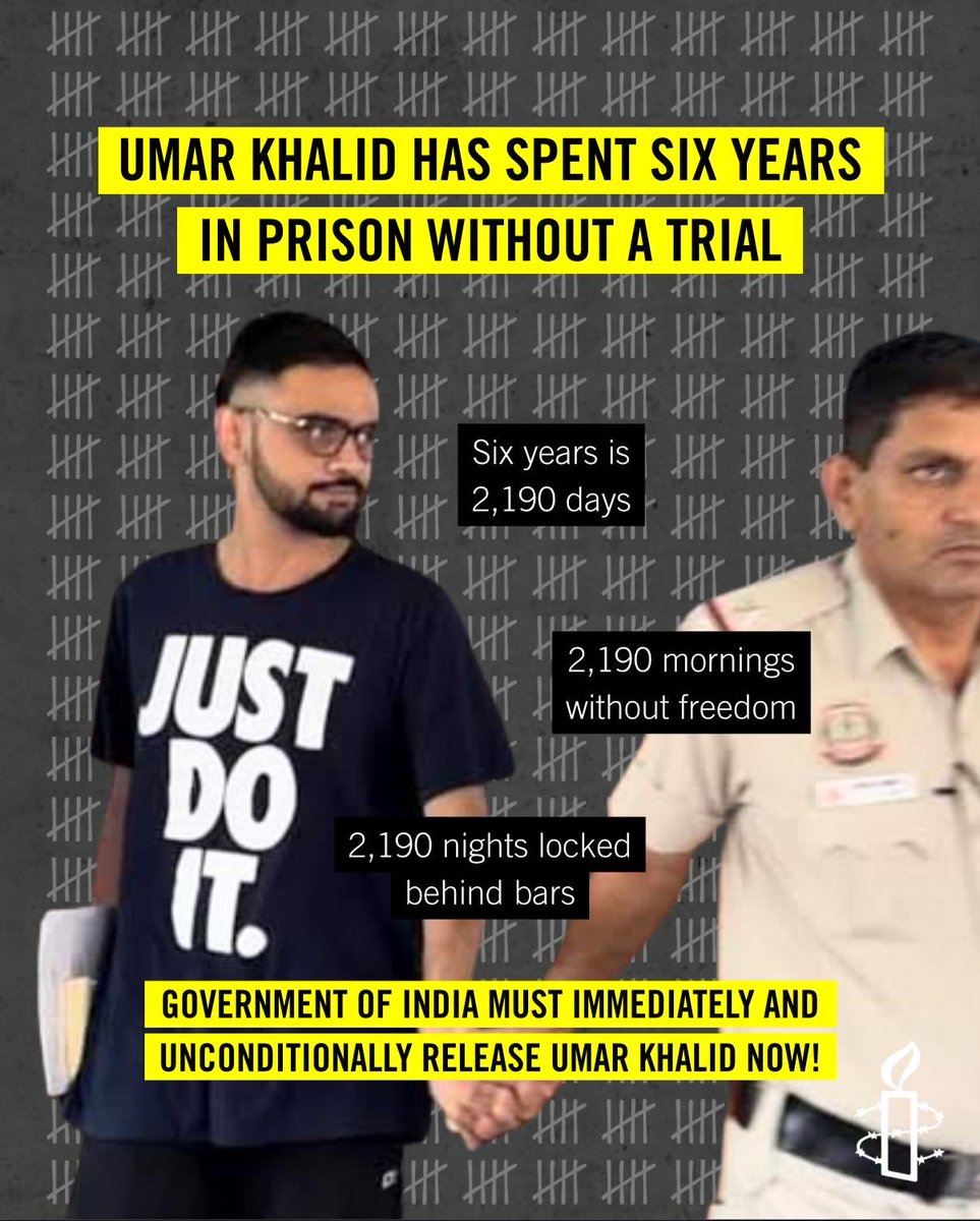 AIIndia's tweet photo. Umar Khalid’s prolonged persecution exemplifies the derailment of justice in India as it makes a mockery of international human rights principles. The Government of India must immediately and unconditionally release student activist Umar Khalid. https://t.co/77lw1Iq9pW