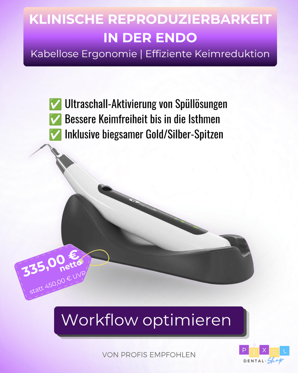 pixel_dental's tweet photo. Spülst Du noch passiv mit der Spritze? 💉 Der Ultra X aktiviert NaOCl und EDTA mit 45 kHz genau dort, wo es im Kanal zählt. 
⚡ starke Aktivierung 
⚡ kabellos &amp; handlich 
⚡ autoklavierbare Spitzen 
⚡ bis zu 4 Std. Akku 
#Endodontie #Zahnmedizin #PixelDental #EndoWorkflow https://t.co/P9y9bs5osp