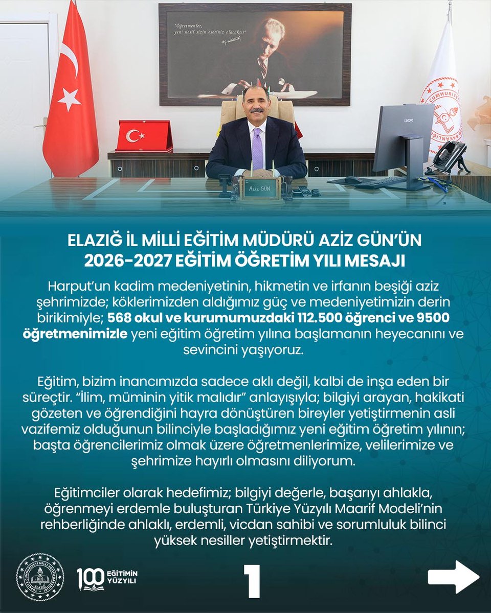 elazigmem's tweet photo. İl Milli Eğitim Müdürümüz Sayın Aziz GÜN'ün 2026-2027 Eğitim Öğretim Yılı Mesajı 
👉 https://t.co/0x4BBjIw5z
@tcmeb @Yusuf__Tekin @numanhatipoglu @gun_aziz #Elazığ https://t.co/3qtHe1Vb7m