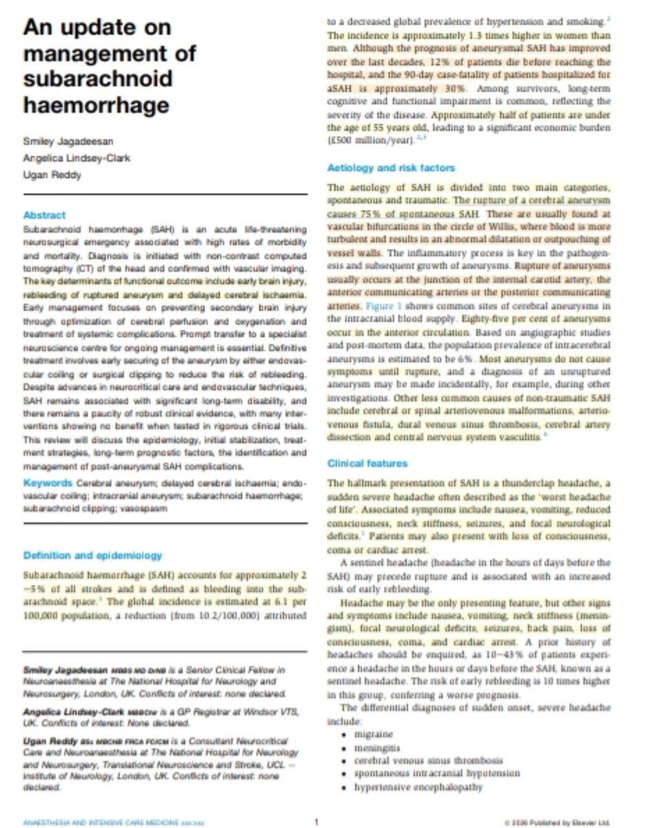 Leo_Santo5's tweet photo. 🧠🩸Hemorragia Subaracnoidea: Del Diagnóstico a la NeuroUCI

🩻Diagnóstico y Angiografía
🎯Control de Presión Arterial
🔪Coiling vs Clipping
💊Nimodipino
⚠️Isquemia Cerebral Tardía

🔰📚Anaesthesia and Intensive Care Medicine 2026

Artículo Completo👇🏻✅🆓
https://t.co/aR5SFK2xfj https://t.co/OxueJVHIRi