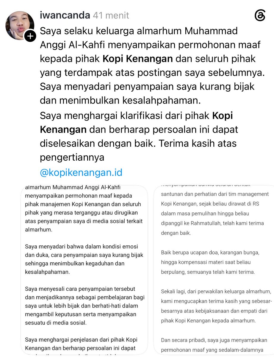 irajenar's tweet photo. Kakak almarhum kahfi klarifikasi. urusan pihak keluarga almarhum dan kopi kenangan sudah beres.
sebelumnya ada miskomunikasi karna pihak keluarga mau klaim pencairan JKM tapi tidak bisa.
Dari pihak kopi kenangan dan atasan almarhum juga sudah memberikan klarifikasi https://t.co/CB9nCazaX4