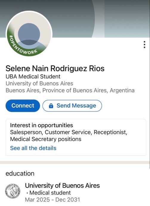 younjungllit's tweet photo. E-mail Dean of the Faculty of Medicne: Dr. Luis Ignacio Brusco

🚨 E-mail: lbrusco@fmed.uba.ar

Subject: Concern regarding conduct of a UBA Medicine student

Dear Dr. Brusco,

I am writing to bring a concerning social media post by a student who publicly identifies as a Medicine student at the University of Buenos Aires to the attention of the Faculty.

The student’s name is Selene Nain Rodriguez Rios.

Their social media accounts are:

X/Twitter: @seletilin
Instagram: @selenenai

Their public LinkedIn profile identifies them as a Medicine student at the University of Buenos Aires, with their studies listed as commencing in March 2025 and continuing until December 2031.

The student recently posted an image depicting the Twin Towers with an individual’s face, with a bullet visibly directed towards the individual. Given the imagery and its association with the September 11 attacks, I found the post deeply concerning and believe the University should be made aware of it.

I hope the Faculty can review the account and the post and, if appropriate, refer the matter to the relevant university authority for consideration under the University's student conduct policies. I have attached the relevant screenshot and additional information identifying the post if required.

I would appreciate it if the Faculty could look into this matter and ensure that appropriate action is taken if the student is confirmed to be enrolled at UBA.

Thank you for your attention to this matter.

Kind regards,
[Your Name]
