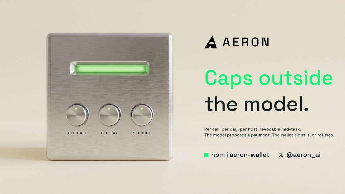 Aeron_ai's tweet photo. Whichever lab sets the pace, the agents already running keep spending.

For a payment rail the question is not how capable the model is. It is how much it is allowed to spend, and who set that limit.

On Aeron the limit sits outside the model: per call, per day, per host, revocable mid-task. The agent never holds the key.

426 models behind one endpoint. None of them trusted with the wallet.