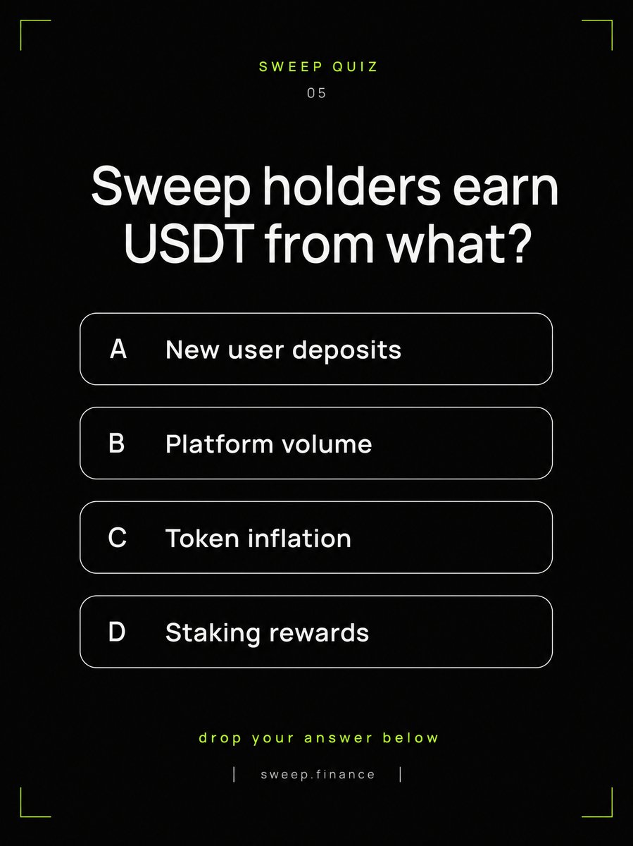 SweepGlobal's tweet photo. reward for a few who get this right. SWEEP QUIZ 05.

sweep holders earn usdt from what?

three of these four are how crypto projects usually pay their people, and all three eventually run out. one of them doesn't, and that is the entire difference.

drop your letter below. https://t.co/TwpUTEyO1x