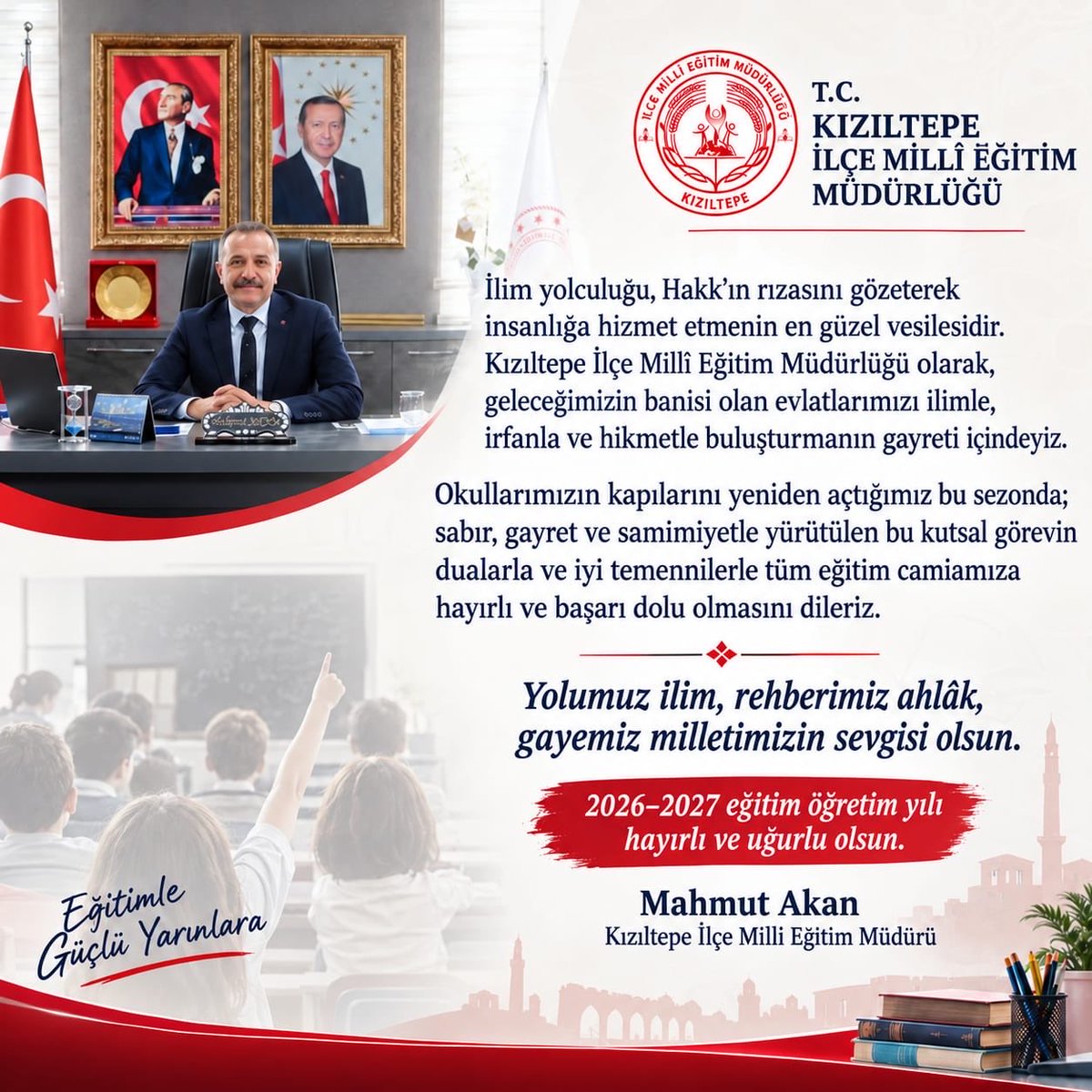 kiziltepemem47's tweet photo. İlim yolculuğuna 'Bismillah' diyerek başlıyoruz! 📚 Mürekkebi kutsal sayan bir medeniyetin neferleri olarak; Kızıltepe'mizde geleceğimizin teminatı evlatlarımızı ilimle, irfanla buluşturuyoruz. 

2026-2027 eğitim öğretim yılı hepimiz için hayırlı, uğurlu ve başarılarla dolu bir yıl olsun. ✨

#İşimizgücümüzeğitim 
#Kızıltepeeğitimedeğer
#HerşeyKızıltepemiziçin