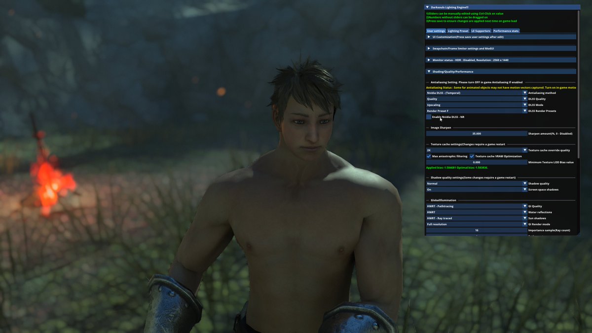 DS2LightingMod's tweet photo. DLSS-5(NR) Integration WIP in DS2. I am also using the excellent Faraam preset from Beubeu here. PT is enabled in both cases. NR is done pre-upscale. Costs around 4-5ms on RTX 5080 at 960p. Reinhard Tonemap(Basic)->DLSS - NR->InverseTonemap->DLSS-SR https://t.co/htYYQoyVSx