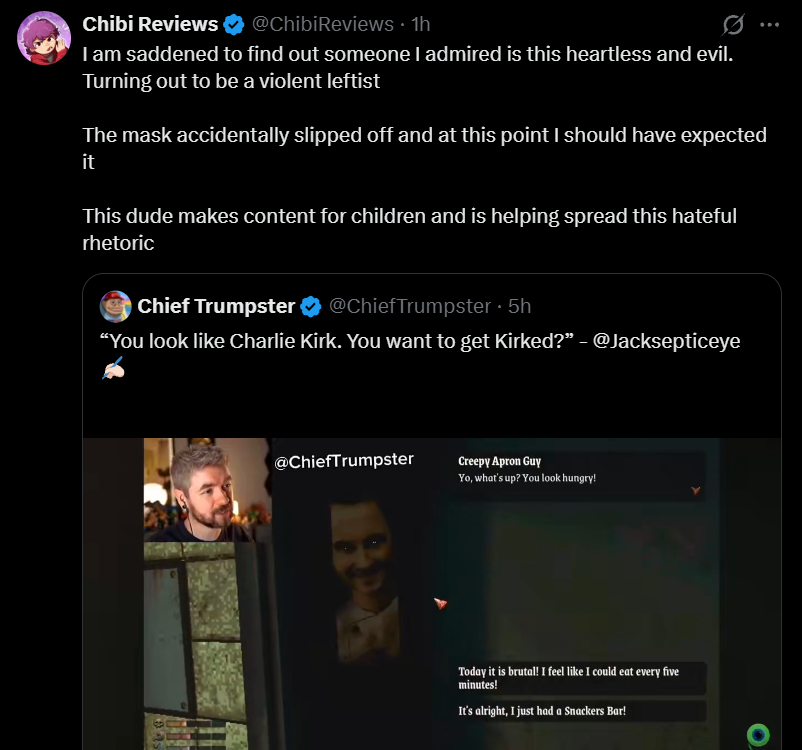 Berryslushie56's tweet photo. What a bunch of pussies man, the "edgy" right have turned into the whiny, sensitive snowflakes overnight.

I get not mocking it on the day of his death, but it's been a year, people joke about all kinds of atrocities like 9/11, school shootings, etc, why is Kirk the exception? https://t.co/wY1FI7UrJZ