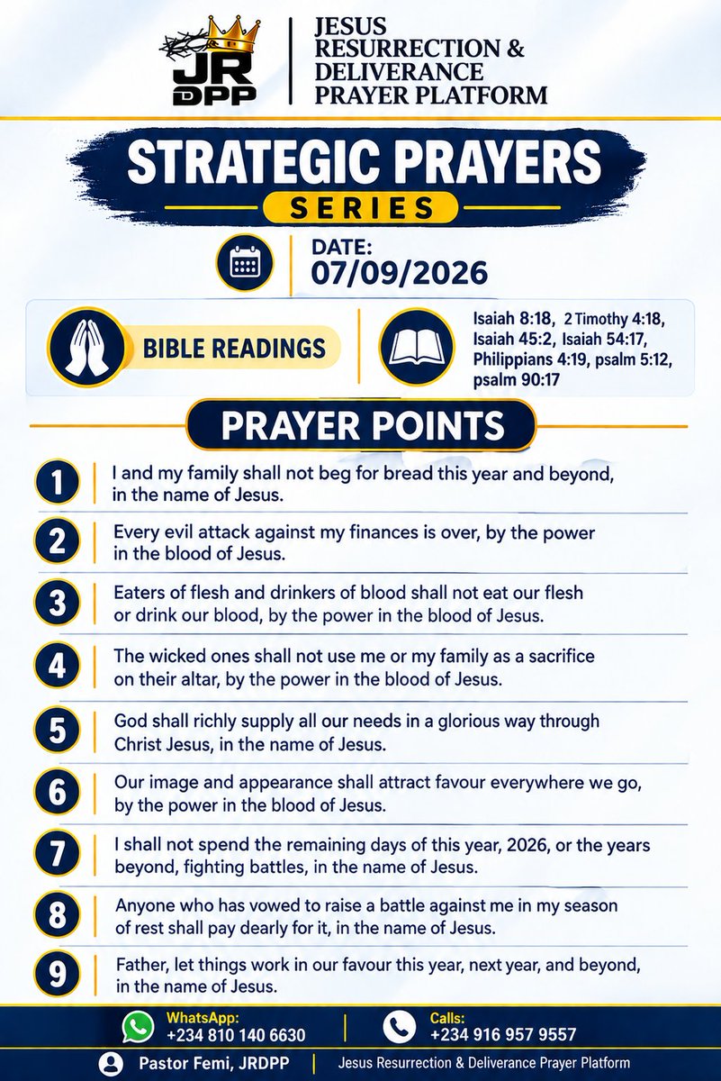 POladepoolufemi's tweet photo. PLEASE SHARE &amp; BE A BLESSING!
Beloved, please share the Strategic Prayers Series with your friends, family, colleagues, and loved ones. Someone may be waiting for the very prayer you are about to share.

Pray. Believe. Share. Be a blessing. 🙏 https://t.co/oluSmFQusk
