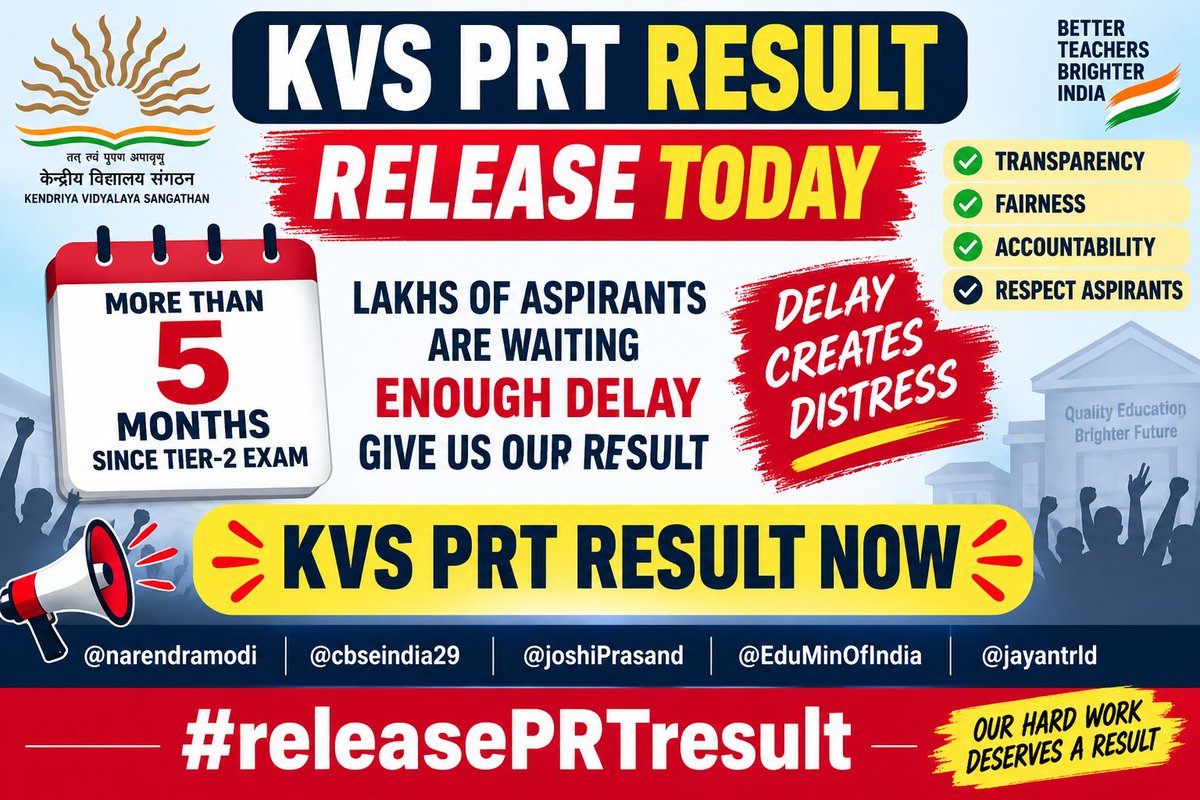 SUSHMA_34's tweet photo. A simple request from thousands of KVS PRT candidates
5.5 months after Tier 2 is already too long
Release the KVS PRT Result today
@cbseindia29 candidates are waiting for result
@EduMinOfIndia @narendramodi @JoshiPralhad @jayantrld
@ANI @PTI_News @ndtvindia
#ReleasePRTResult https://t.co/rLhYmprusN