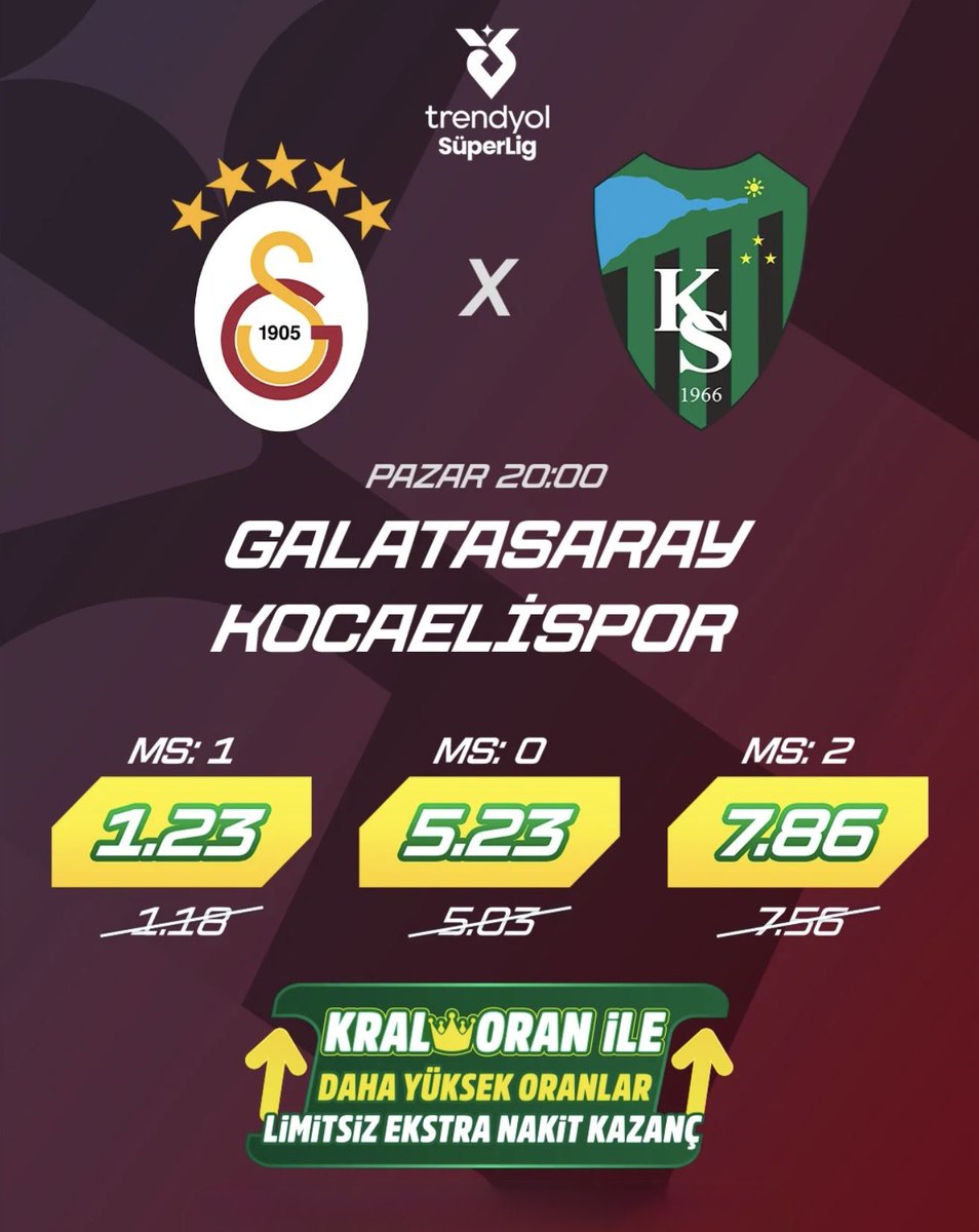 BankoSans's tweet photo. ⚽️Süper Lig’de 10 puanla liderlik koltuğunda bulunan Galatasaray, 9 puanla hemen arkasında yer alan Kocaelispor’u konuk ediyor.

⌚️20:00

➡️Karşılaşma, 👑Kral Oran ayrıcalığıyla 📲https://t.co/cundOhU26O ’da.

#iddaa #kraloran #galatasaray #icardi https://t.co/X9HTNht5Cq